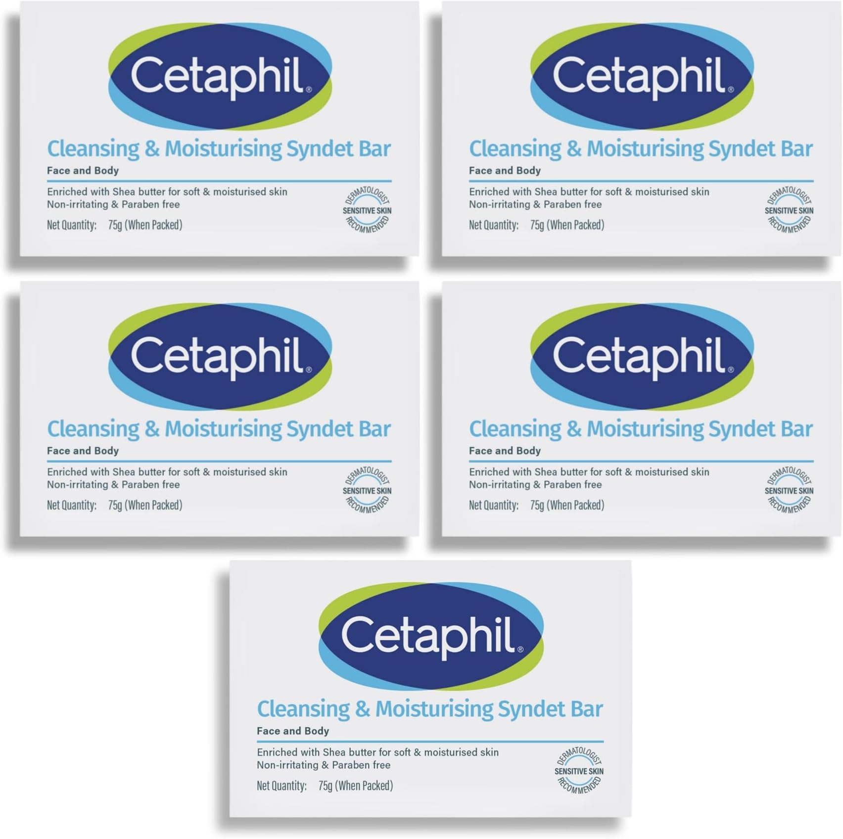 Cetaphil Cleansing and Moisturising Syndet Bar 5X 75gm (Pack of 5), white