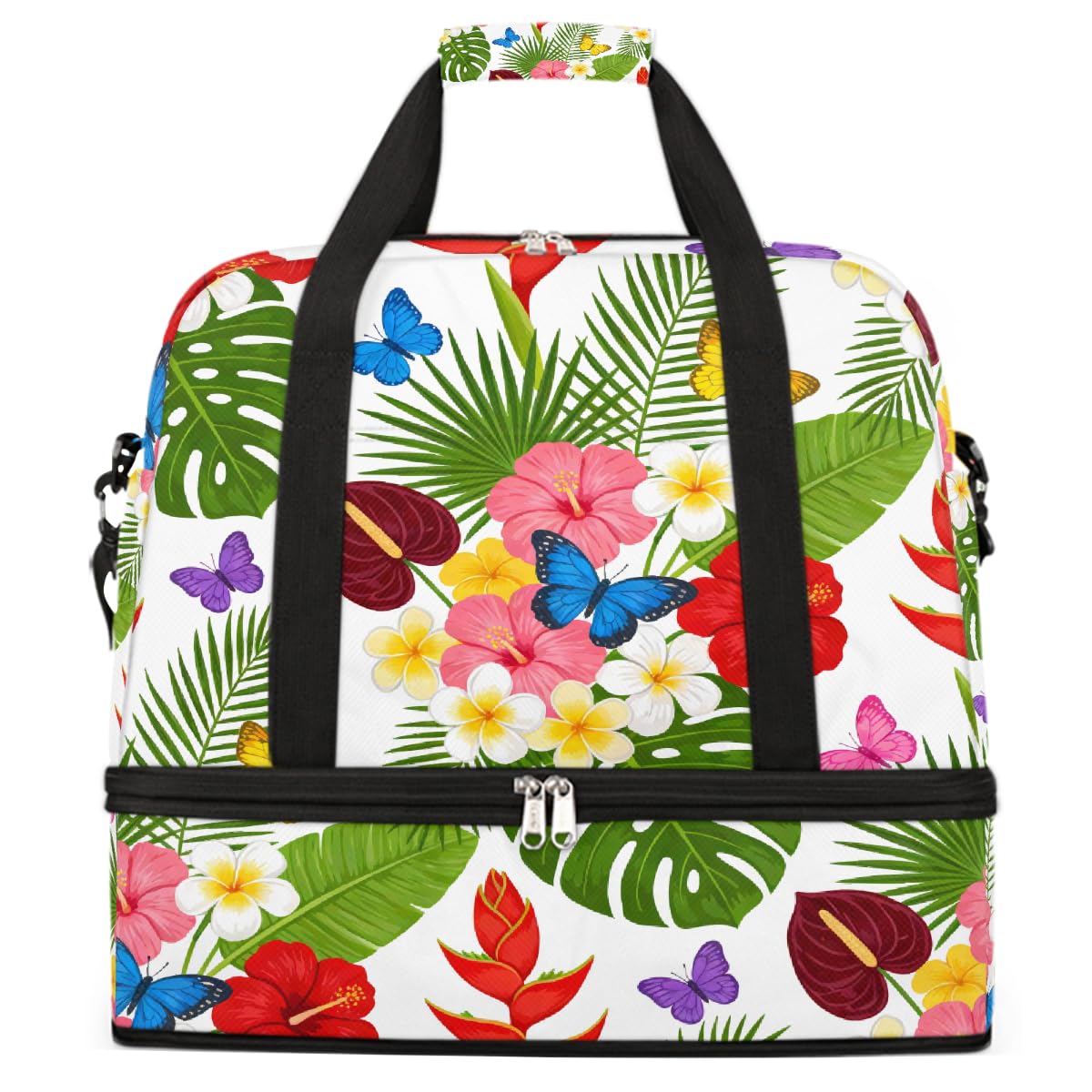 Borsone da viaggio pieghevole con motivo floreale tropicale e farfalla, borsa da palestra espandibile con scomparto per scarpe, borsa da weekend di grande capacità, borsa da portare con sé, per viaggi