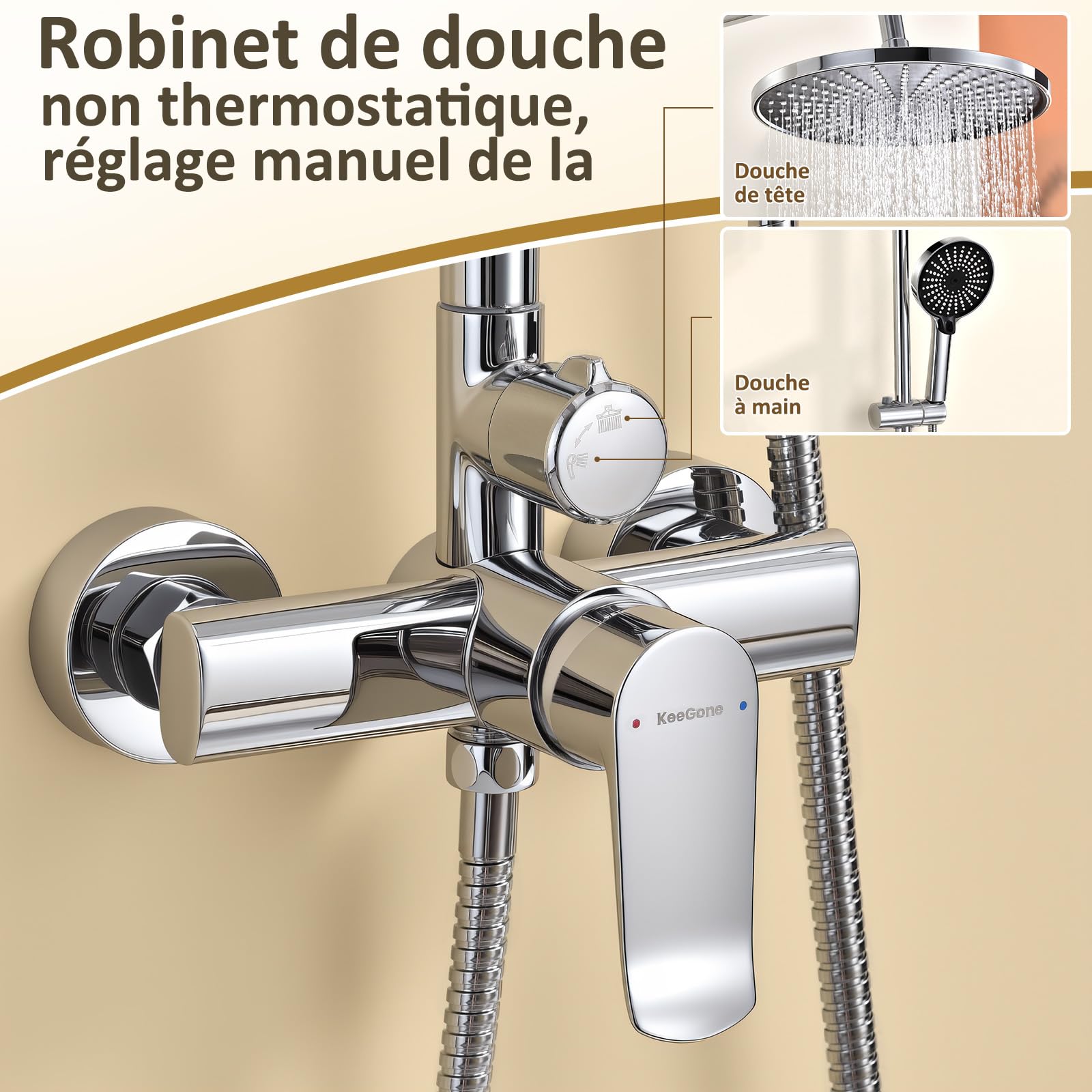 Ensemble de douche non thermostatique complet – pommeau effet pluie 26 cm et douchette triple fonction, sans mitigeur thermostatique