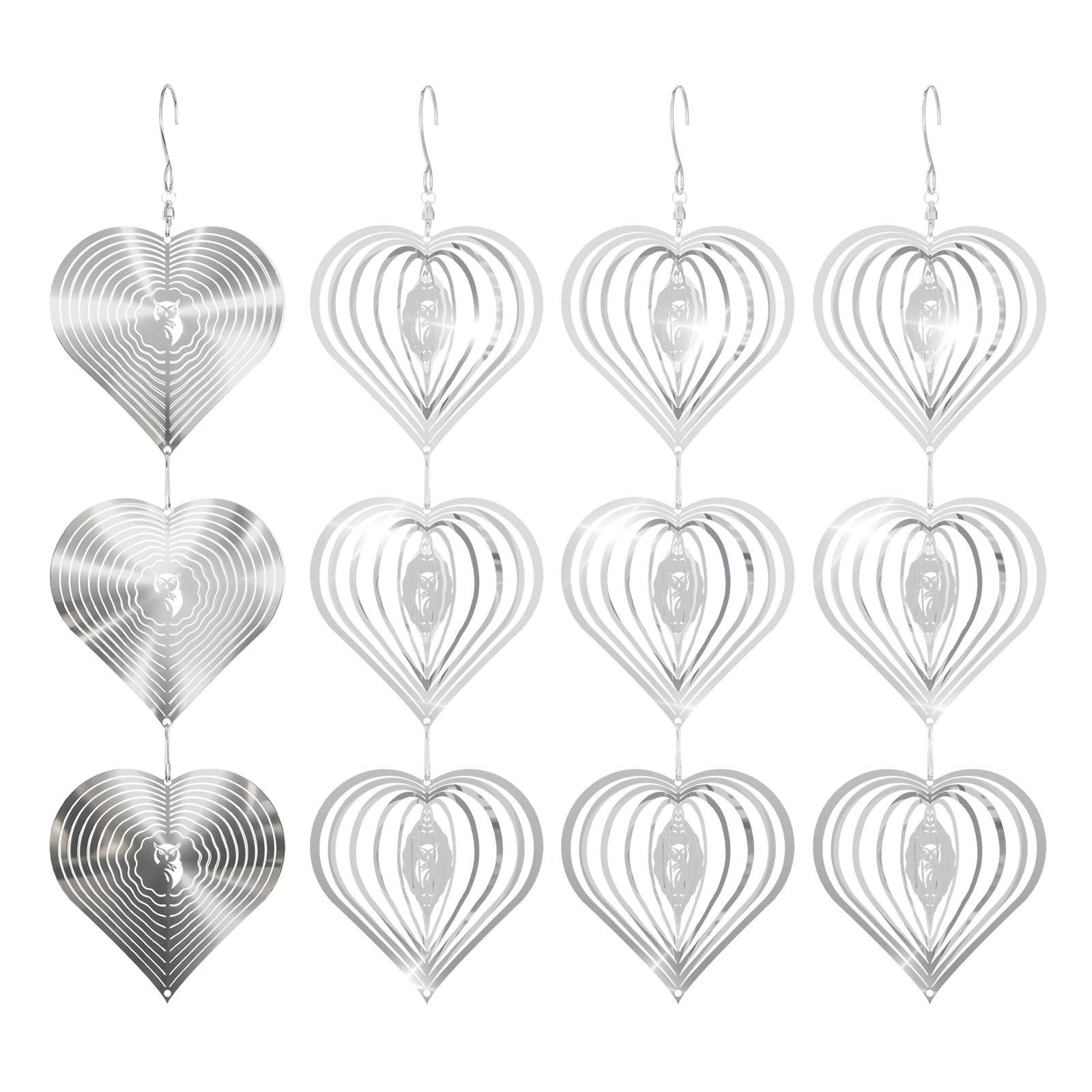 OFFO Heart Shape Stainless Steel Bird Deterrents, 4 Pack Stainless Steel Reflective Scare Strips (3 Strands Each), Mirror Finish Visual Repellent for Pigeons & Seagulls in Garden, Patio, Bright Silver