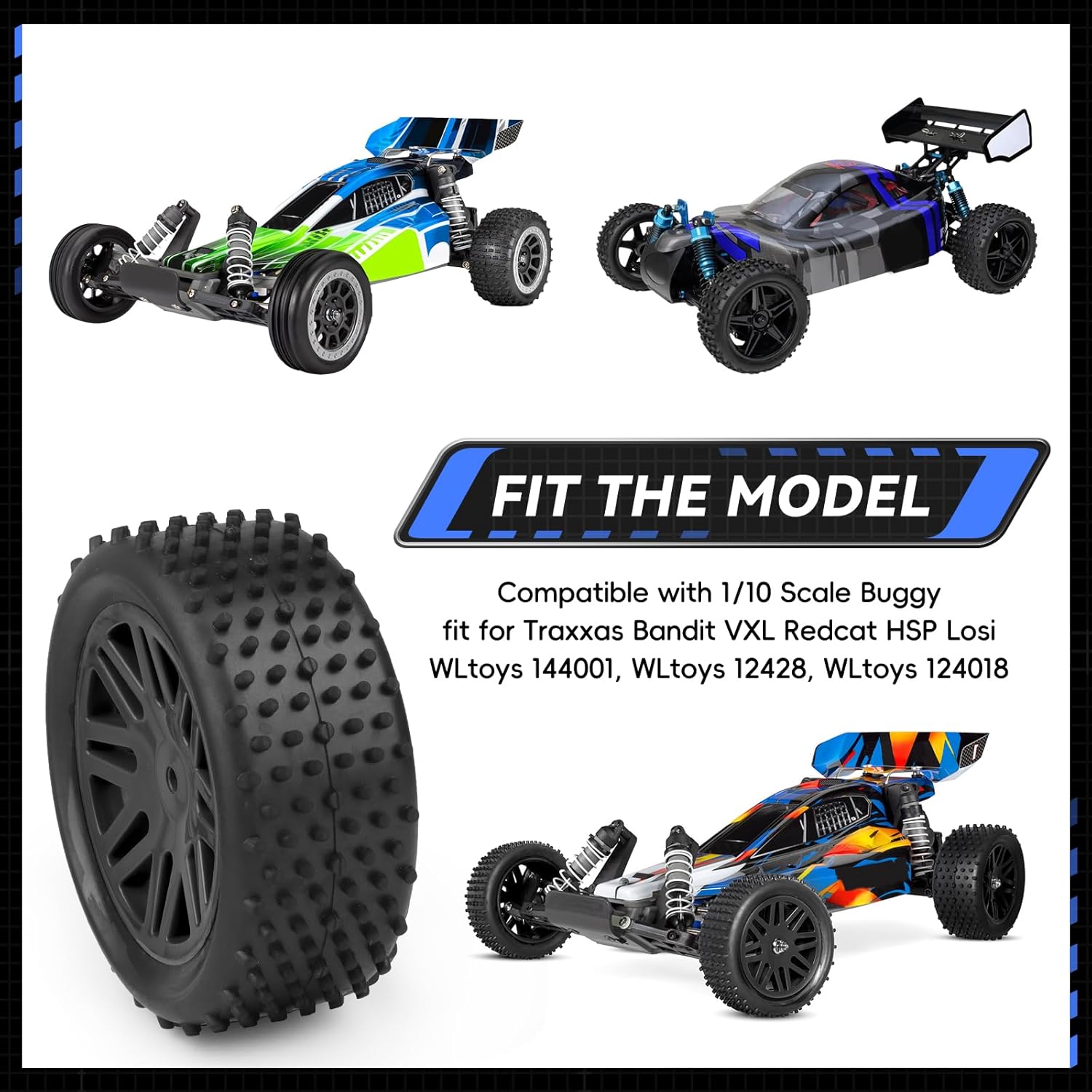 Preglued 12mm Hex Wheel Rims Rubber Tires with Foam Inserts OD 86mm/3.38" for Traxxas Bandit WLtoys 144001 Redcat 1/10 RC Off-Road Buggy Car, Set of 4 (Color A)