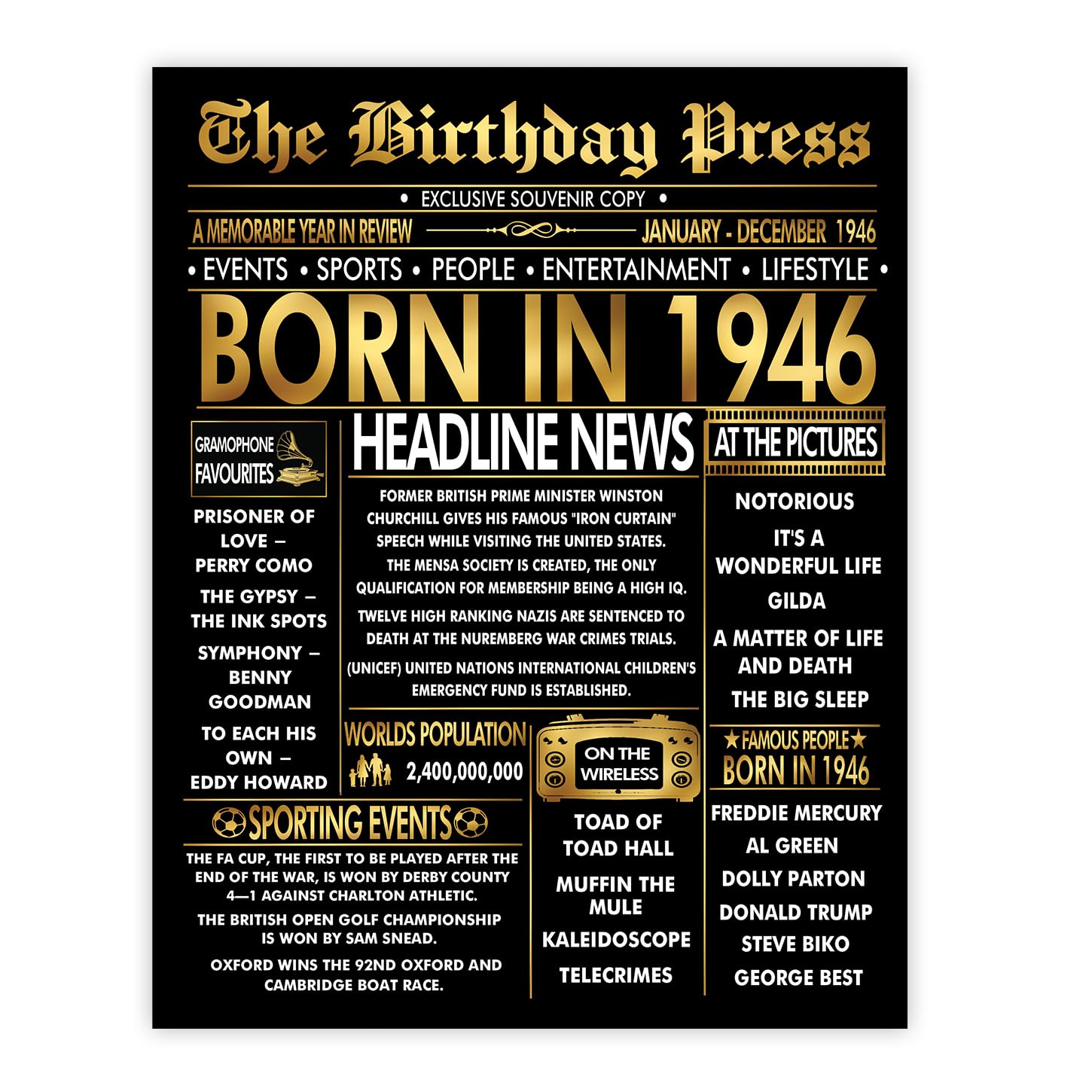 Stuff4 Men's 1946 Gold 80Th Birthday Poster Unframed - Golden Born In Newspaper - Happy 80 Birthday For Wo Retro Vintage Gifts Back In 8X10 Inch Bday Party Decor Decoration