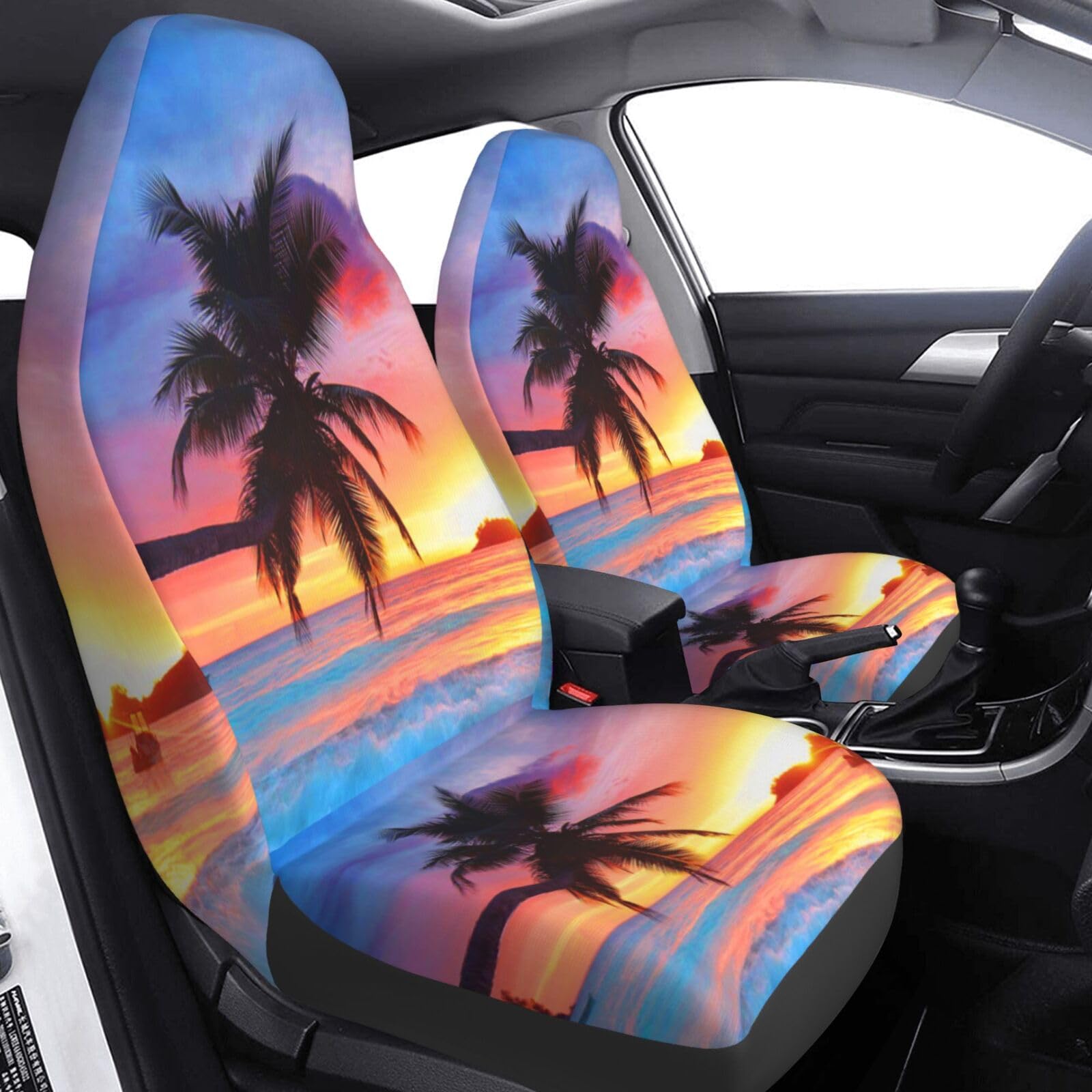 Foruidea Ocean Sunrise Tropical Palm Tree Island Hawaiian Sunset Sea Waves Summer Car Seat Covers Universal 2 Pcs Auto Front Seat Cover Fit Most Cars,SUV,Sedan,Trucks