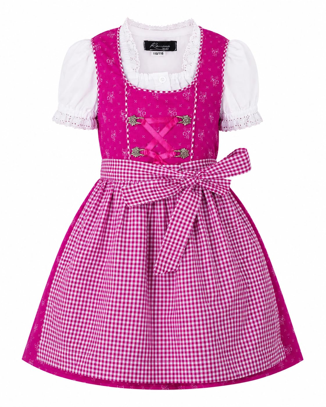 Ramona Lippert® - Dziecięca sukienka ludowa dla dziewczynek - dziecięca wróżka w kolorze różowym z kwiatowym wzorem - 3-częściowy strój ludowy - moda ludowa - strój ludowy z fartuchem