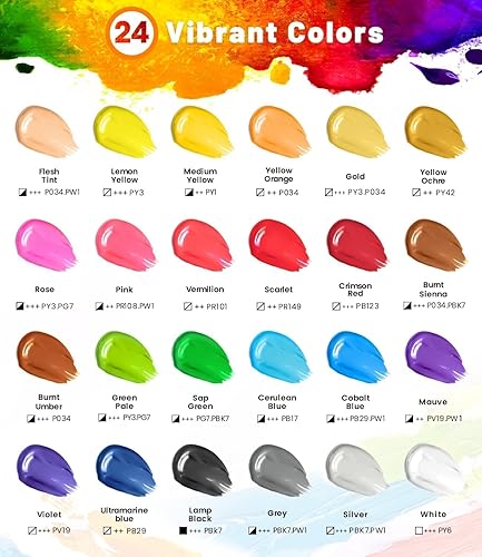 Miniatura 3 de POPYOLA Juego de 40 piezas de pintura acrílica con 12 pinceles, 2 cuchillos, paleta y esponja, 24 colores (2.3 onzas líquidas, 2 onzas), pintura