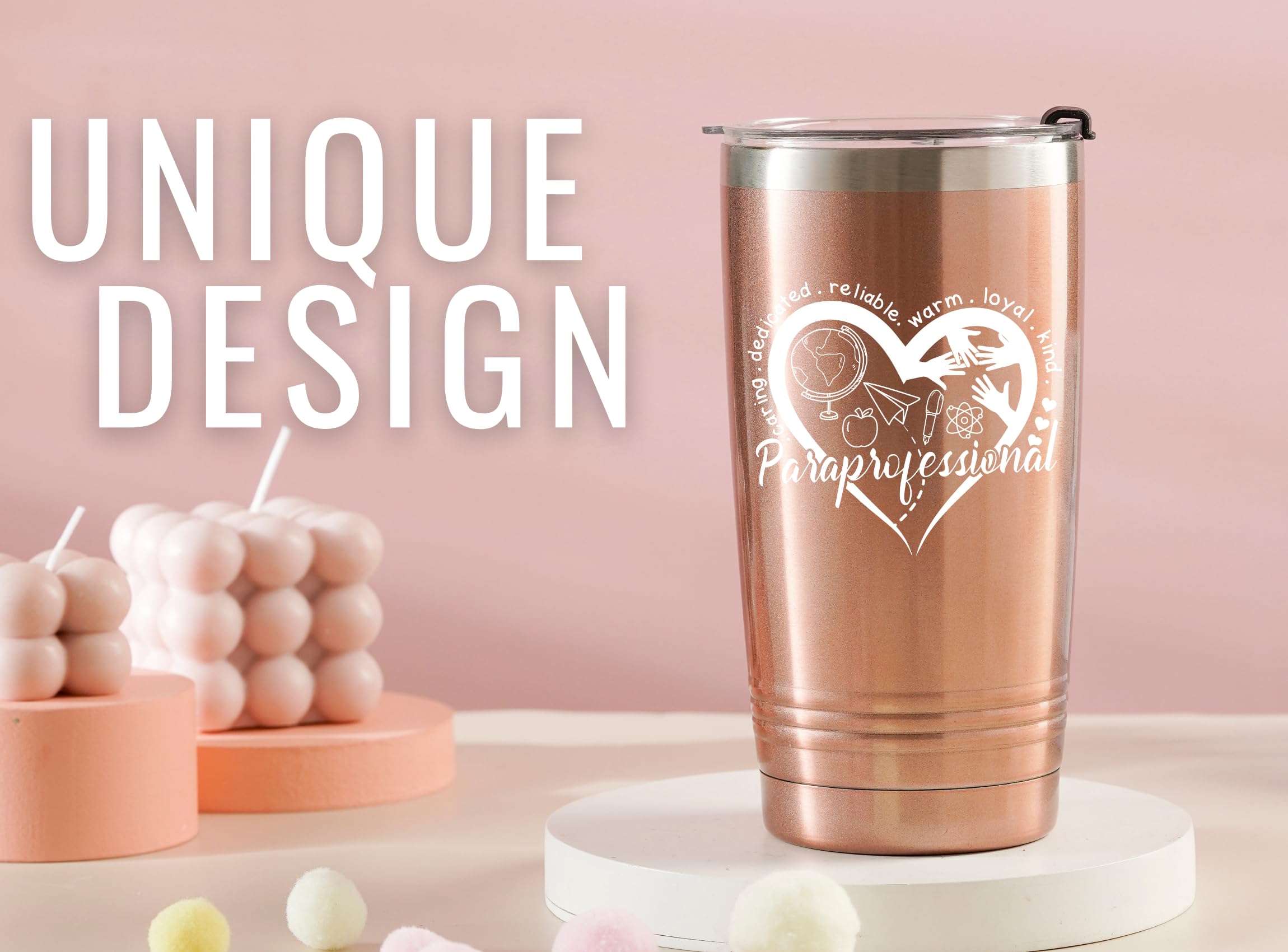 Onebttl Paraprofessional Appreciation Gifts, Gifts for Teacher Paraprofessional, 20oz Stainless Steel Rose Gold Insulated Tumbler with Lid & Straw - Heart