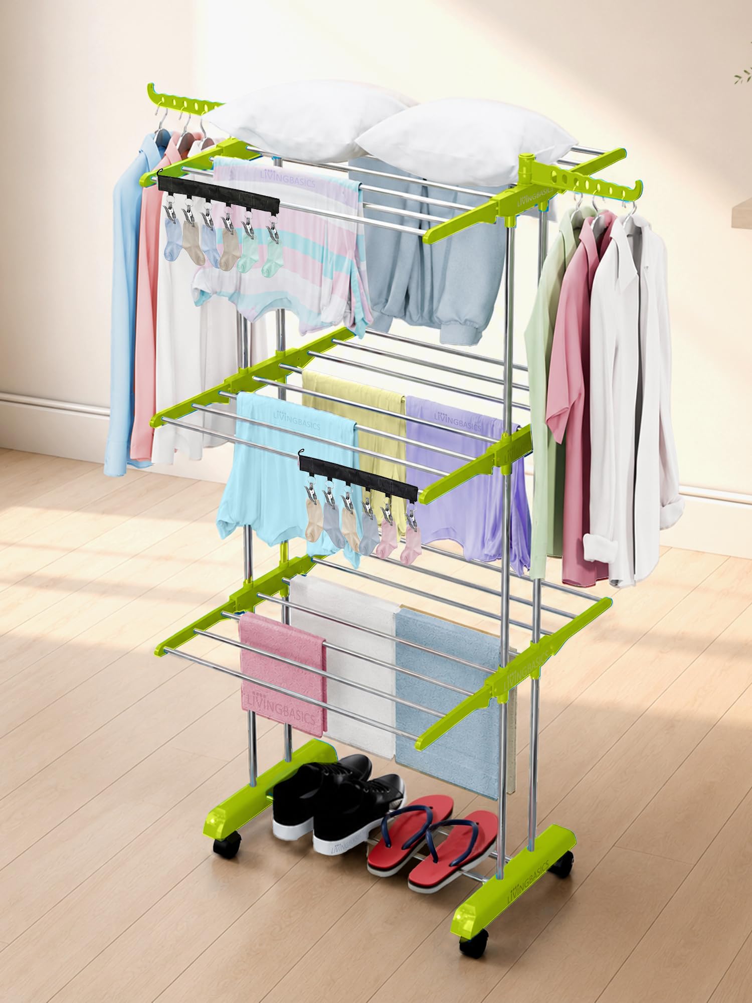 LIVINGBASICS 3 Layer Clothes Stand for Drying, Lime Green + 2 Icon Clips