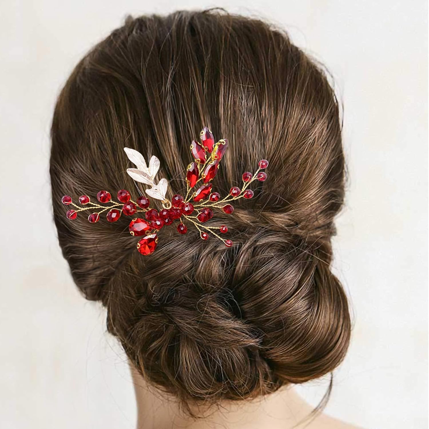 BETITETO Crystal Bridal Hair Comb Wedding Gold Vine Leaf Rhinestone Hair Piece Accessories for Women Girls (Red) - Image 3