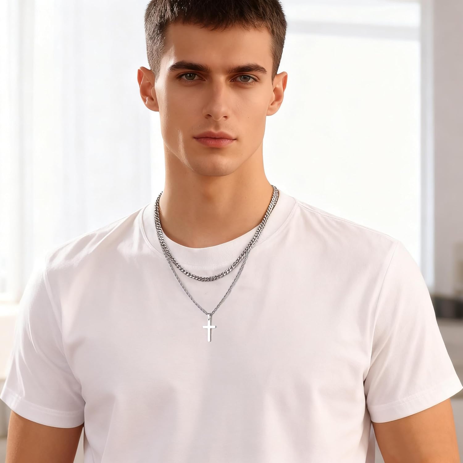 Layered Chain Cross Necklace for Men, Stainless Steel Cuban Link Chain Cross Pendant Mens Chains Necklaces 18-22 inches, Jewelry Gift - Image 2