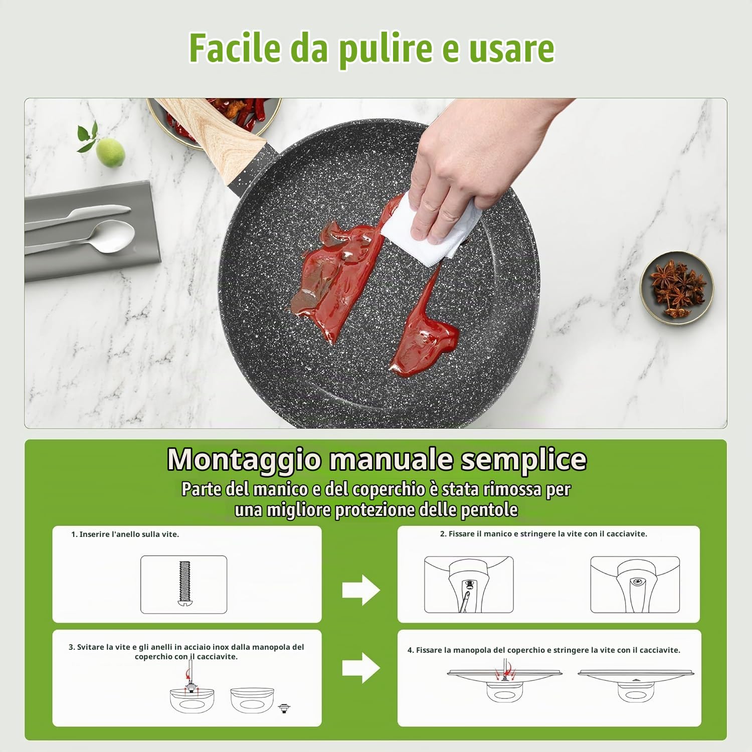 Batteria di Pentole e Padelle, 19 Pcs Set di Pentole Induzione Antiaderenti in Granito, Padelle 24/28cm, Casseruole 18/20cm,Padella Grill 28cm, Adatto per Tutti i Piani Cottura, Senza PFOA PFOS