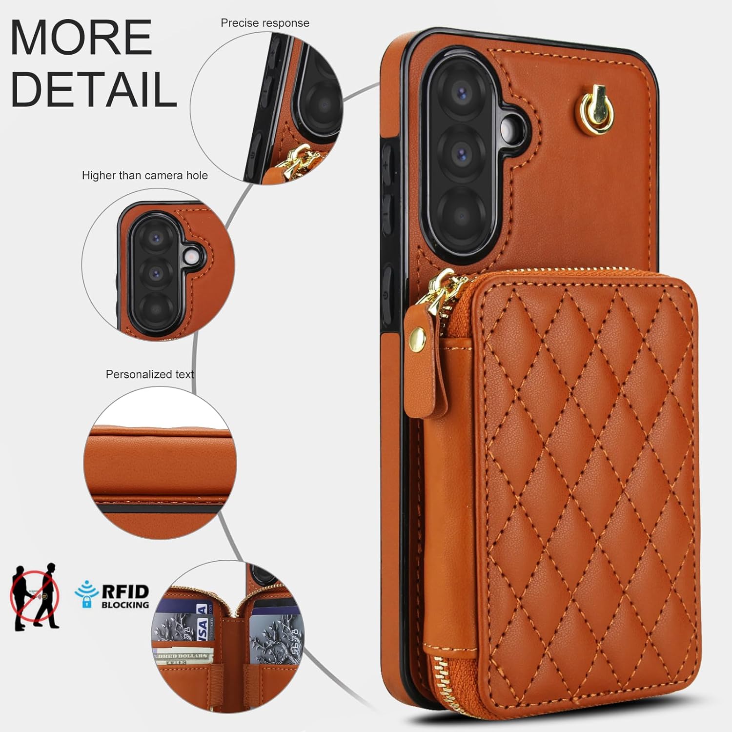 Phone Case for Samsung Galaxy A36 5G Wallet Cell Cover with Tempered Glass Screen Protector Wrist Crossbody Strap Stand RFID Blocking Credit Card Holder Slot A 36 36A LTE SM-A366U Women Girls Brown