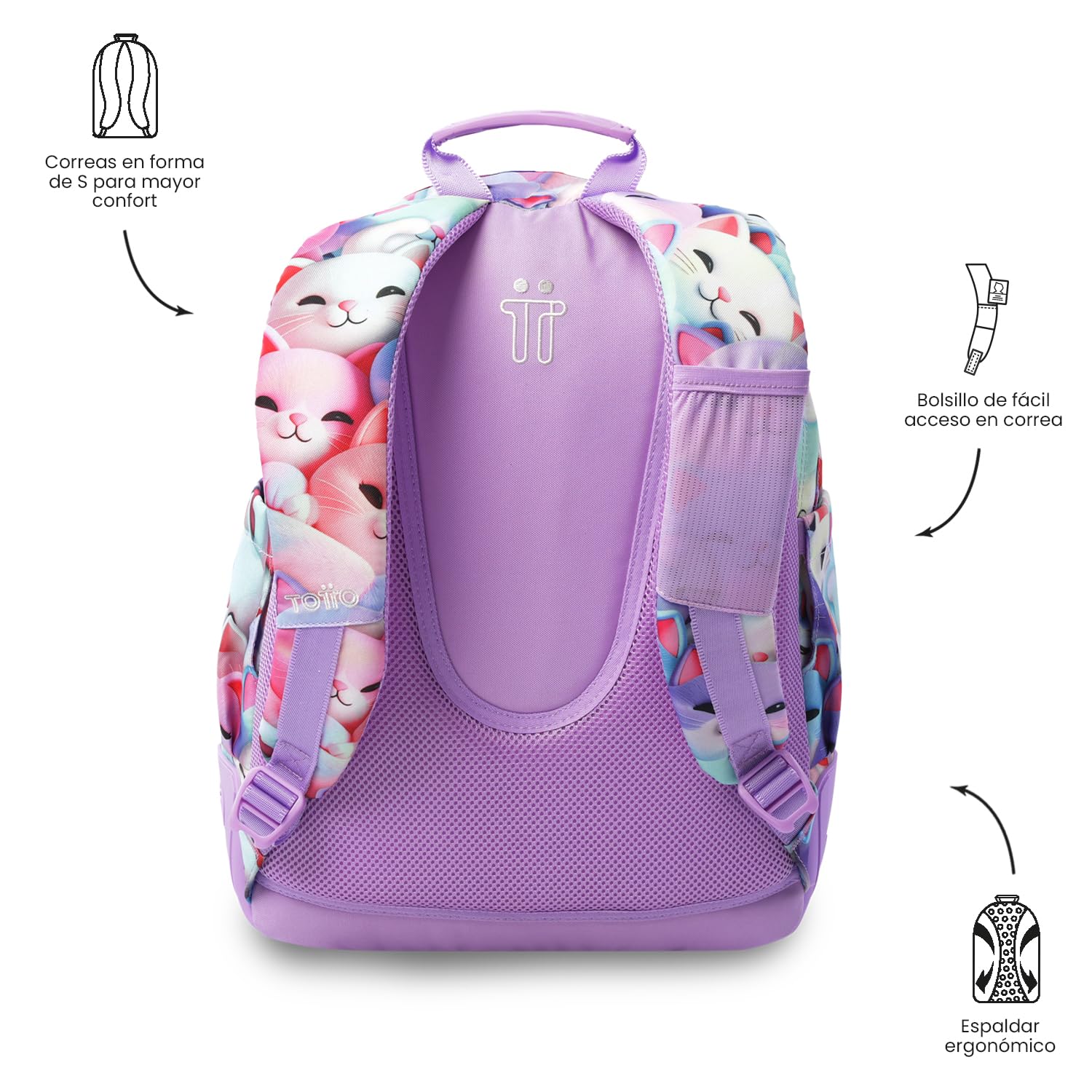 TOTTO - Mochila Escolar Grande, Modelo Rayol, Capacidad 19 L, 3 Compartimentos, 2 Bolsillos Botella, Bolsillo para PC 14", Espaldar Ergonómico con Flujo de Aire, Correas en S, Estampado Mewsy 3D