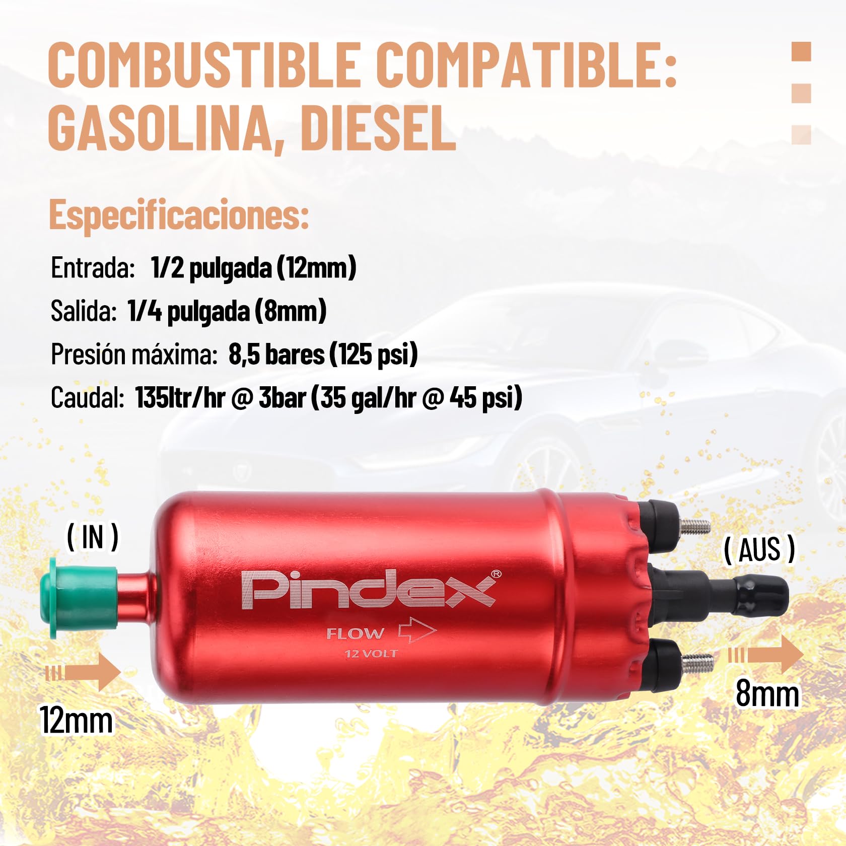 Pindex Bomba de combustible eléctrica de 12 V 0580464070, bomba de combustible de inyección en línea de alta presión 8.5 bar con soporte a prueba de golpes para Alfa Romeo, Fiat, Jaguar, LANCIA, MG