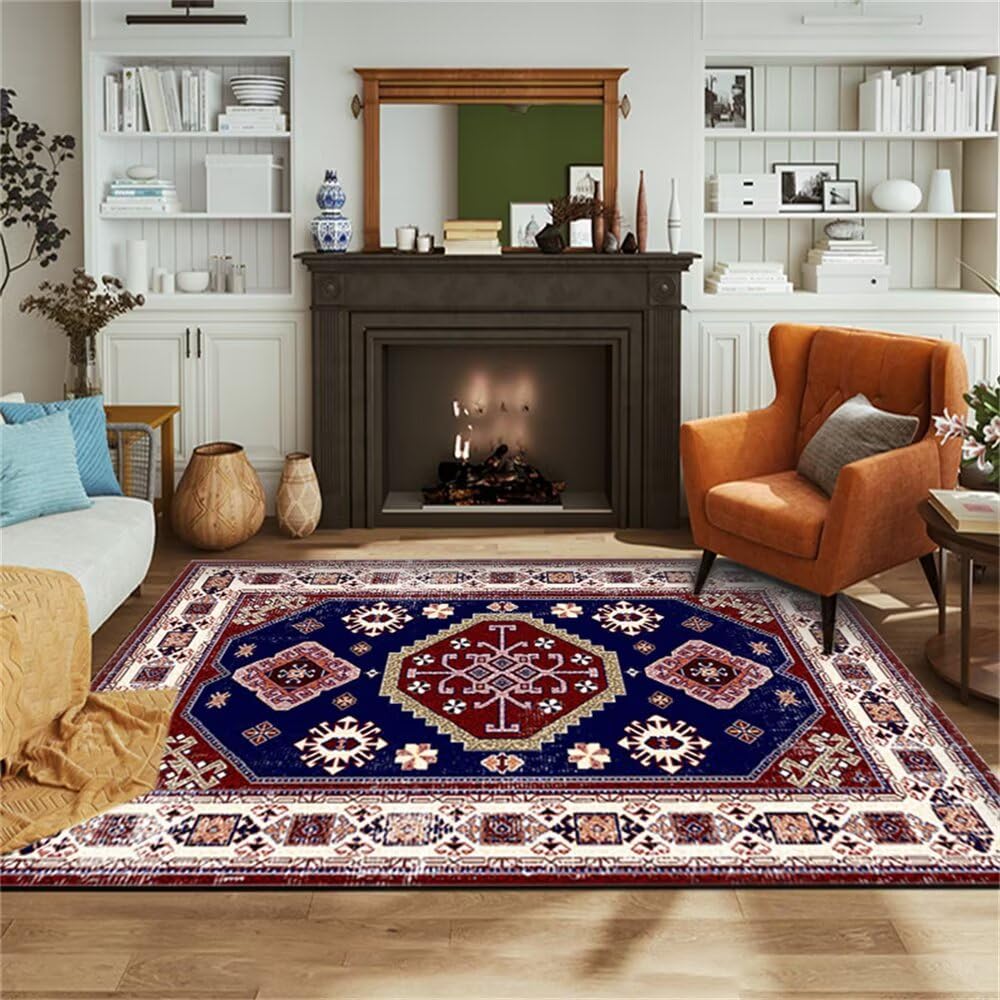 Grand tapis de salon rose bleu rectantulaire antidérapant 90x150