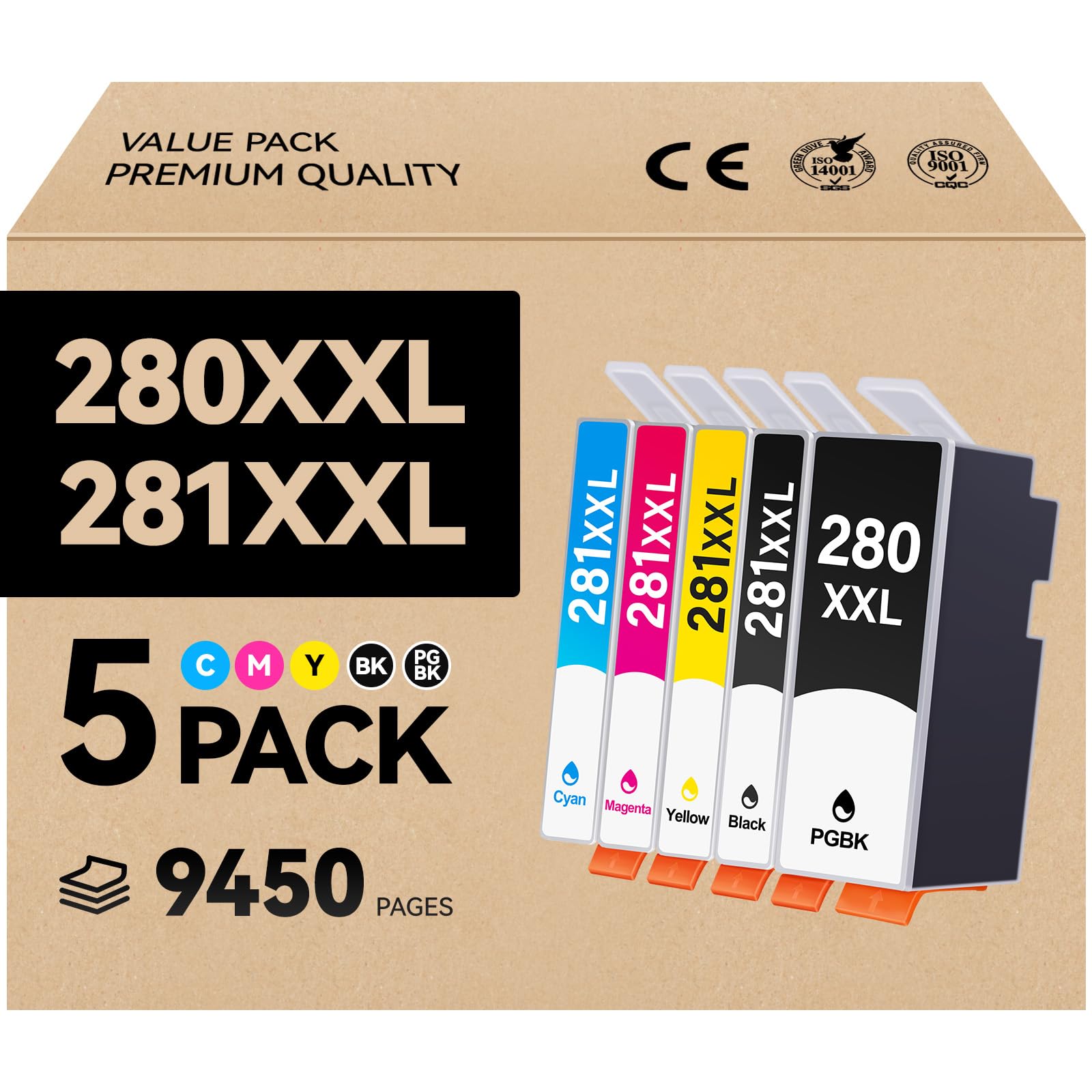 Compatible Ink Cartridges Replacement for 281 280 PGI-280XXL CLI-281XXL (5 Combo Pack) Compatible with TR8520 TS9120 TS6120 TR8620 TR8620a TS6320 TR7520 TS9521C TS8120 TS8220 PGBK/BK/C/M/Y