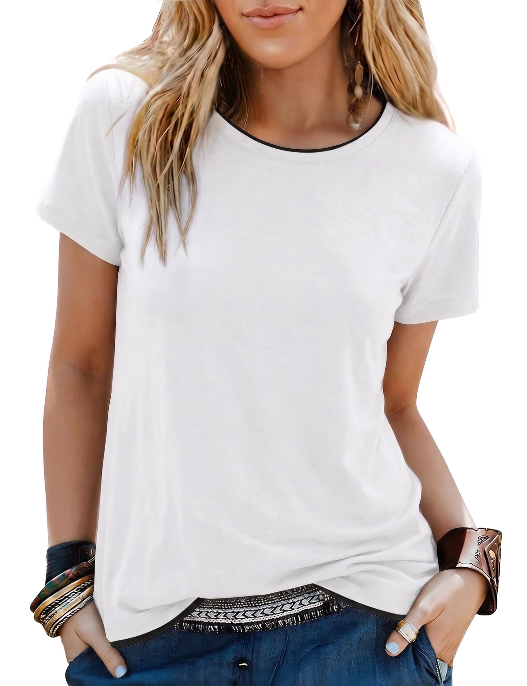 Terecey Oberteile Damen Sommer T Shirt Mit Kontrastpaspel Rundhals | 65 % Polyester Und 35 % Baumwolle, Regular Fit Mit Kontrastpaspel, Ideal Für Alltag Büro Und Freizeit.