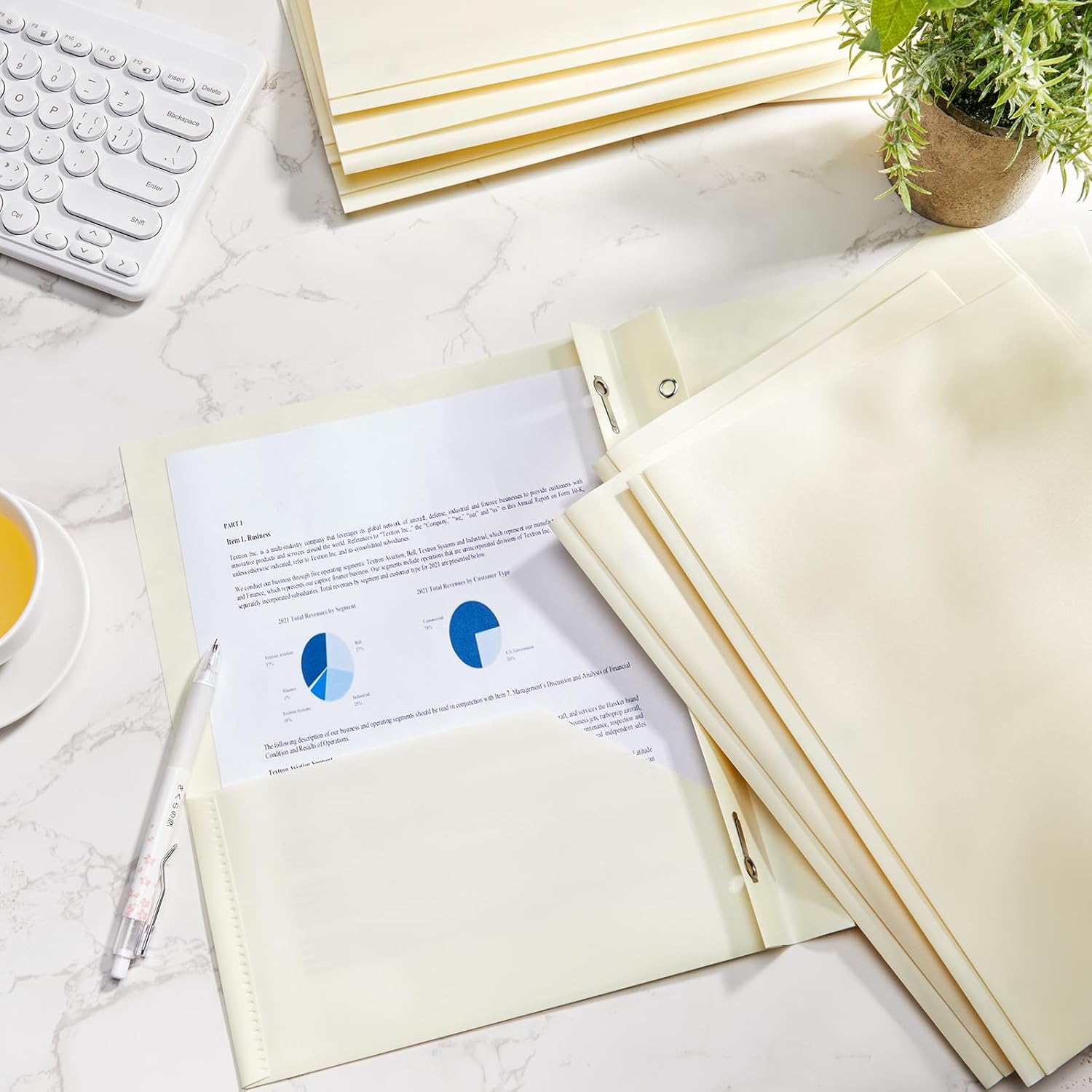 Cholemy 72 Packs Pocket Folders with Prongs Heavy Duty Plastic Folder with Business Card Slot 3 Prong Fasteners for School Office (Beige)