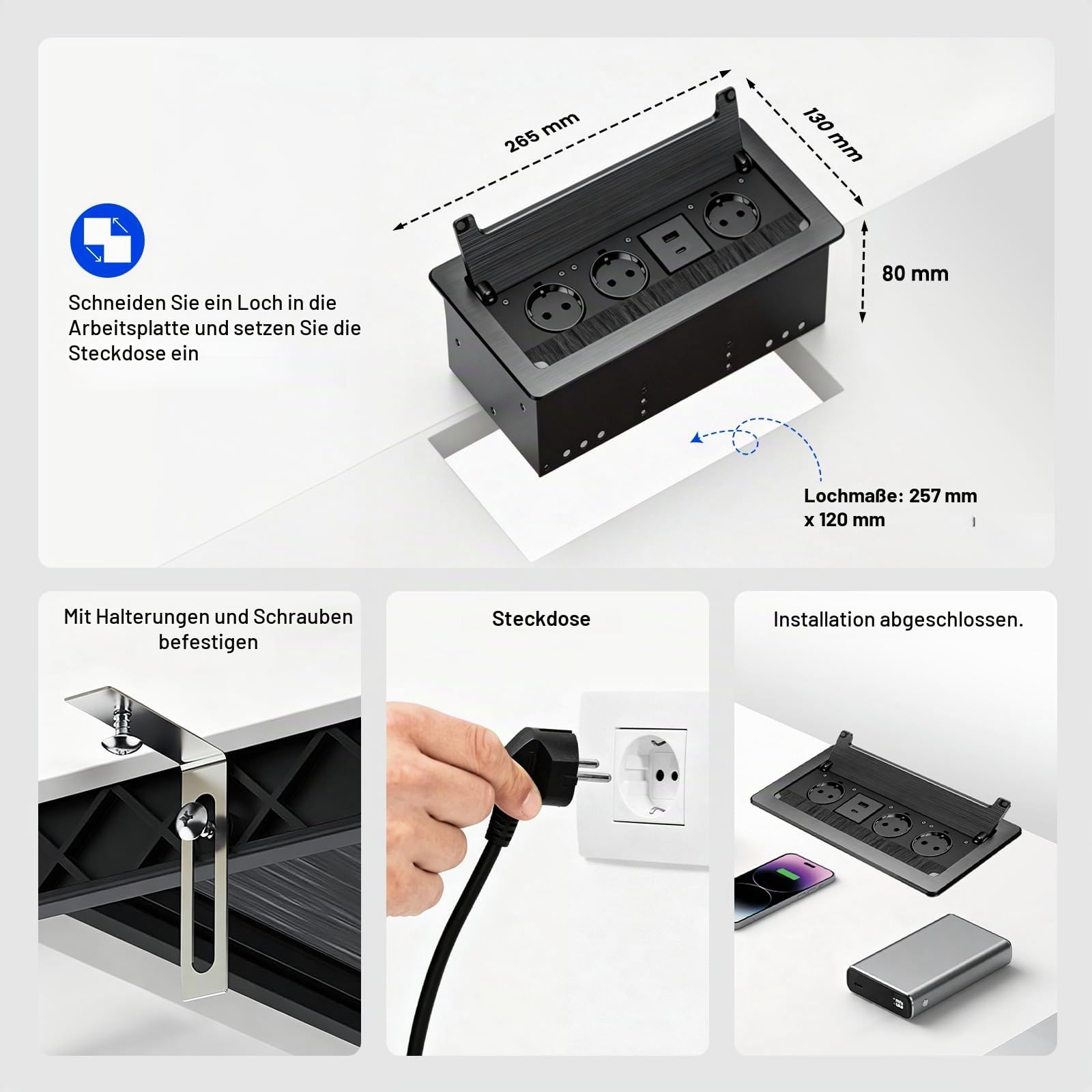 Versenkbare Steckdose 3-Fach mit Deckel, 2 USB-C PD 30W Schnellladung, Tischsteckdose mit Bürstendichtung für Konferenztisch, Arbeitsplatte & Büro, 1,8 m Kabel, Schwarz
