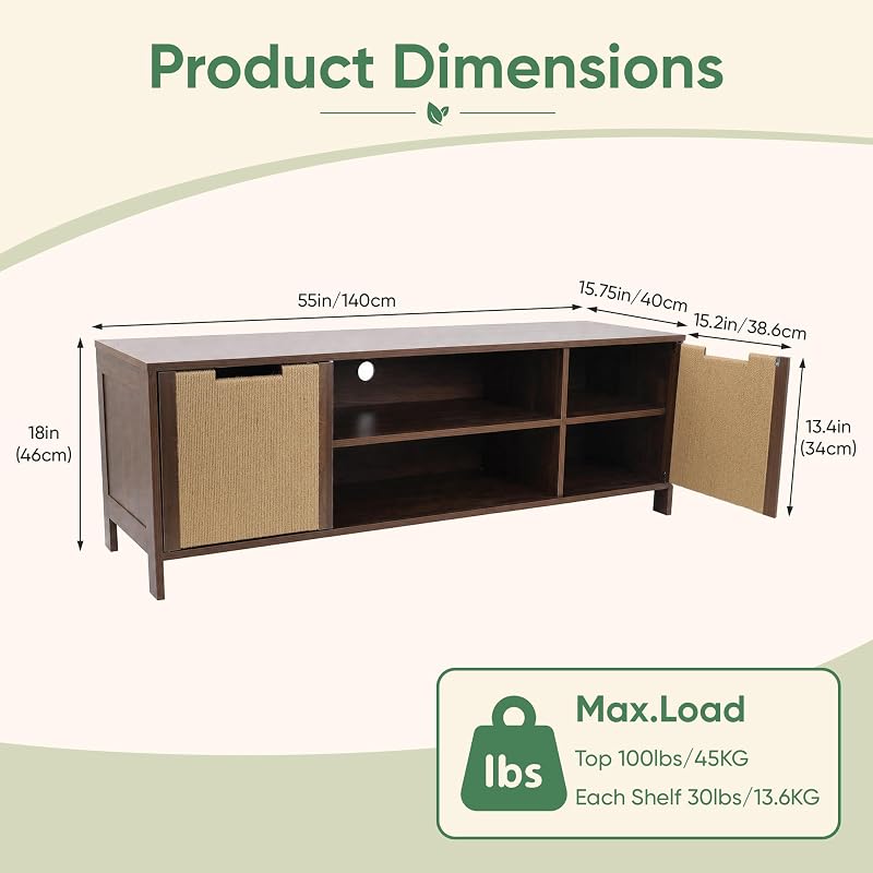 55'' Bohemian TV Stand,Hemp Rope Wooden TV Console for Living Room image 3