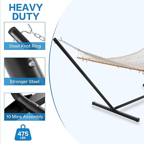 Miniatura 7 de PNAEUT Hamaca doble con soporte para exterior, hamacas de cuerda con barra separadora de madera dura para 2 personas, soporte resistente de 12 pies,