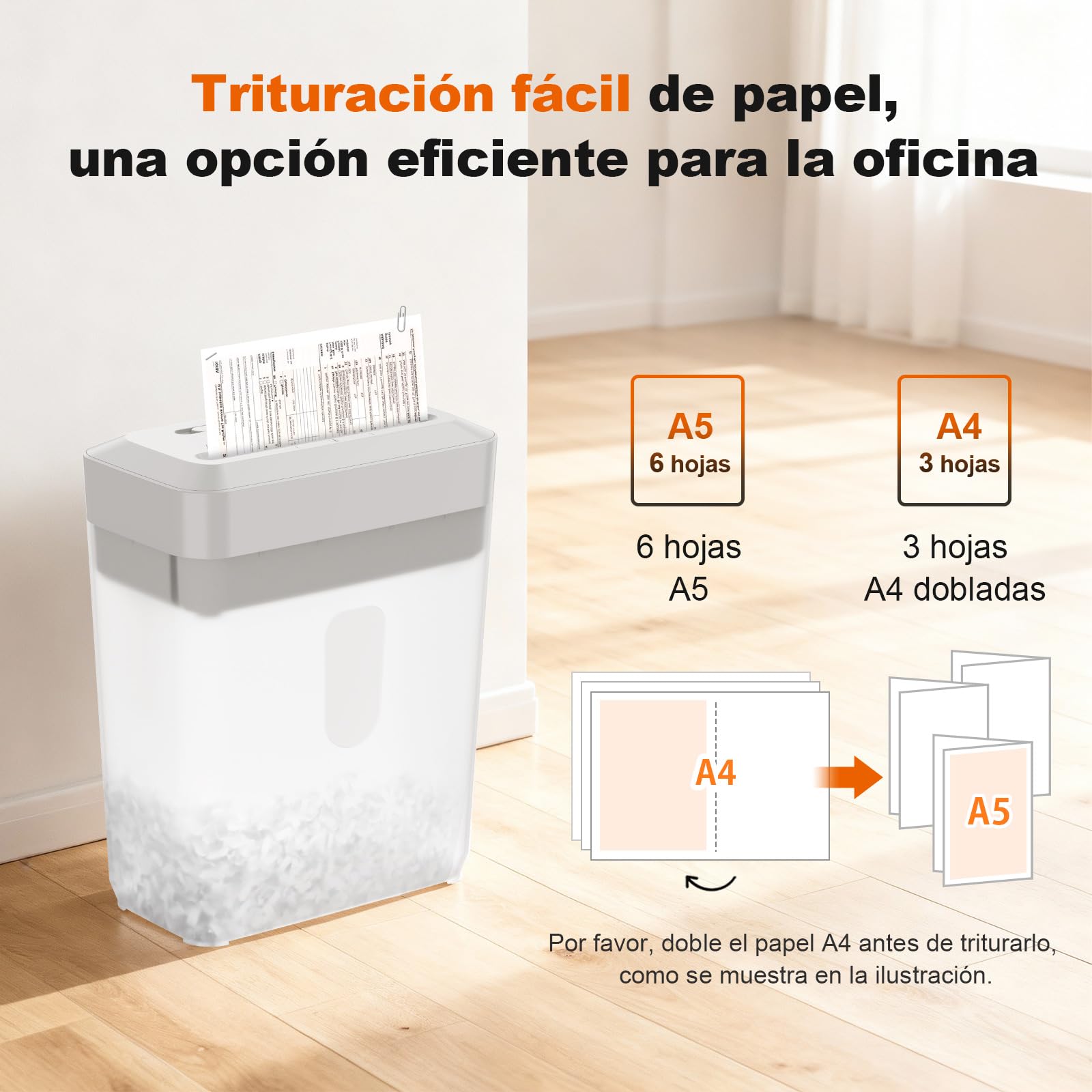 Bonsaii Trituradora de Papel, Corte Cruzado 6 Hojas (A5), Alta Seguridad P-4 con Papelera de 6L, para Papel, Tarjetas de Crédito, Clips & Grapas, C292-A