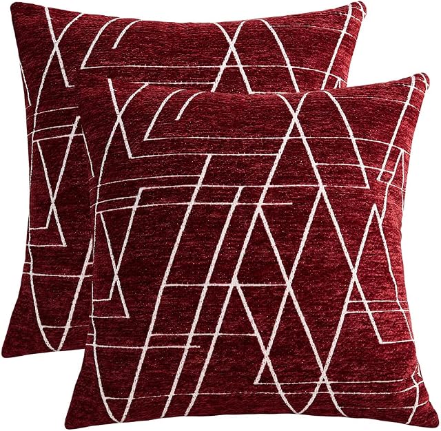 MERNETTE Pack of 2, Chenille Soft Decorative Square Throw Pillow Cover Cushion Covers Pillowcase, Home Decor Decorations For Sofa Couch Bed Chair 18x18 Inch/45x45 cm (Striped Burgundy)