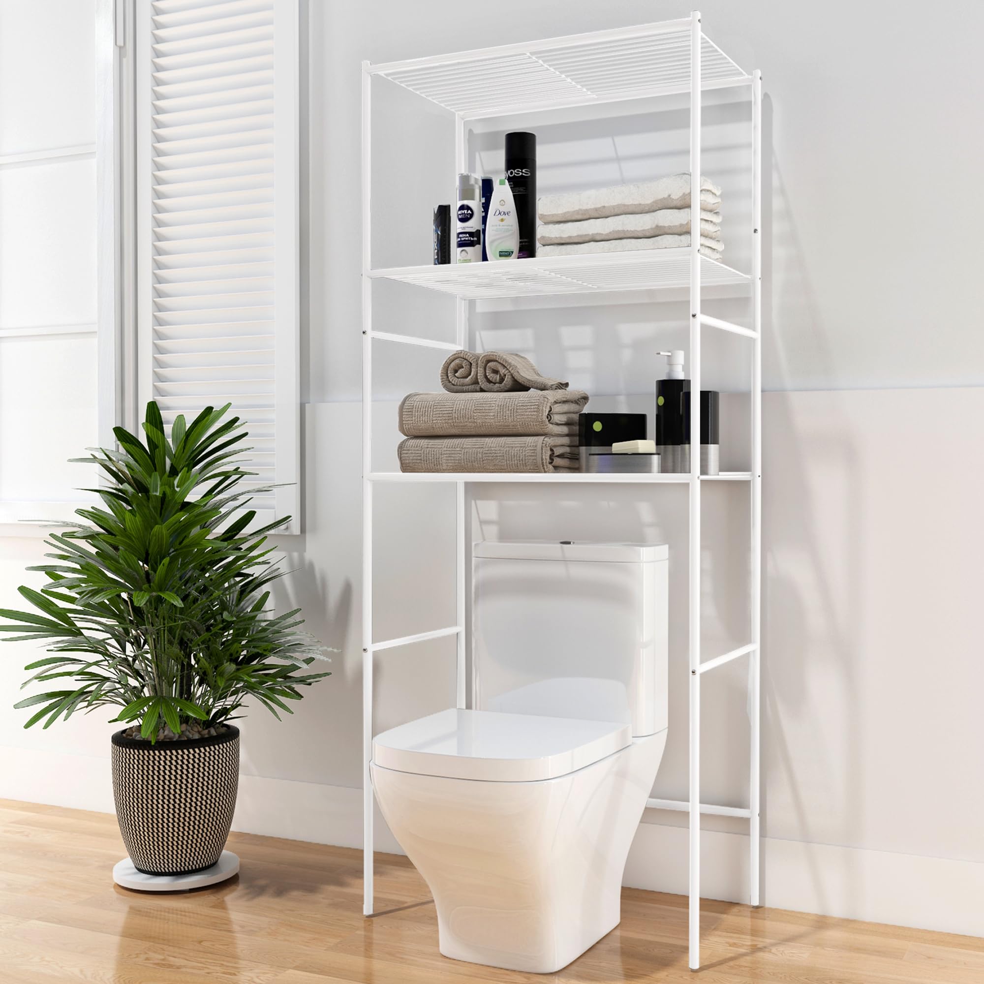 fusehome Over The Toilet Storage, 3-Tier Bathroom Organizer Shelf, Freestanding Space Saver, Toilet Stand, with Anti-Tip Kit, Waterproof Feet Pads, for Bathroom, Laundry, White