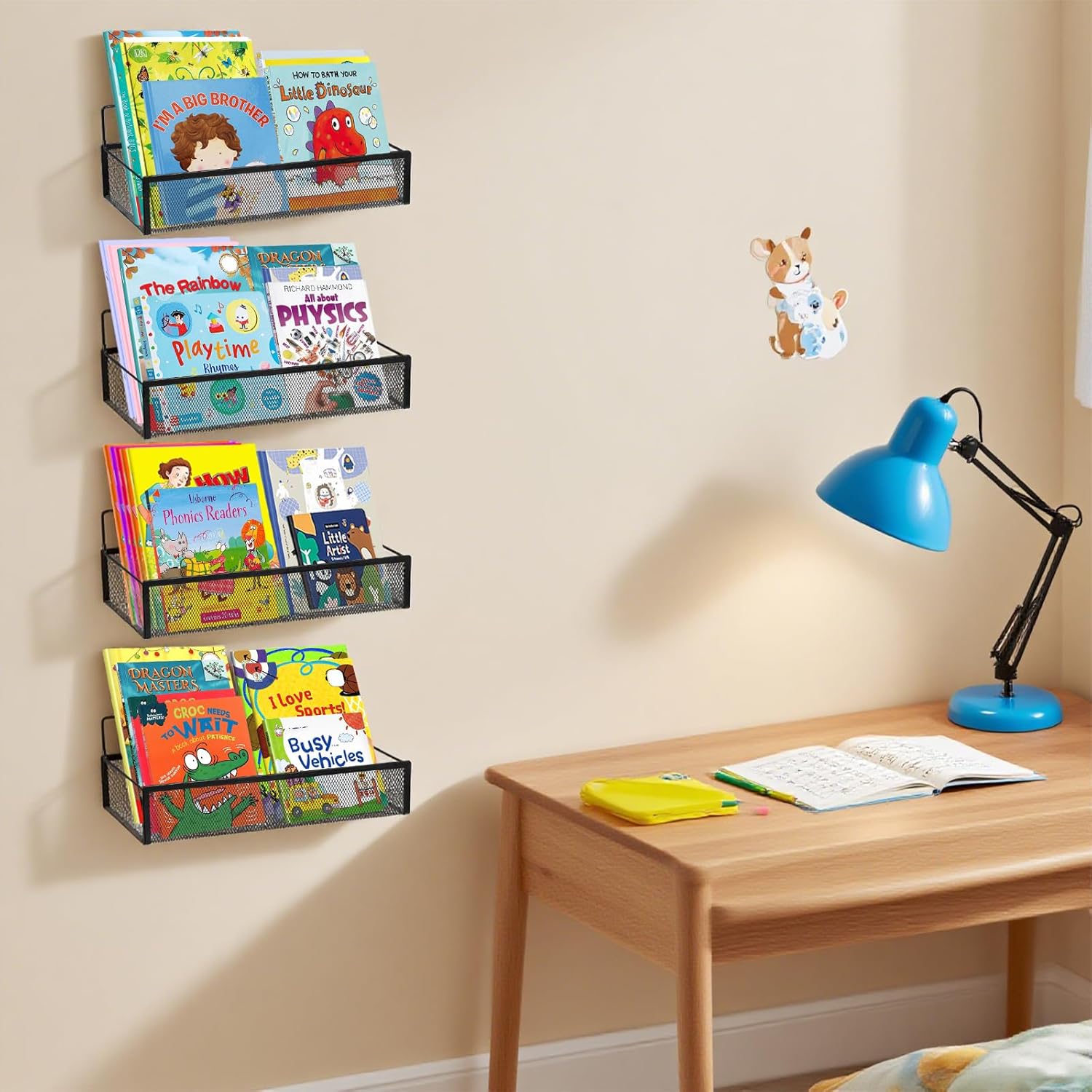 Wall Mounted Metal Bookshelf, Metal Wire Grid Storage Bookshelf, Floating Book Shelves for Living Room/Bed Room/Office, Hanging Bookshelve Organizer for Room Decor (Black, 6 Pack)