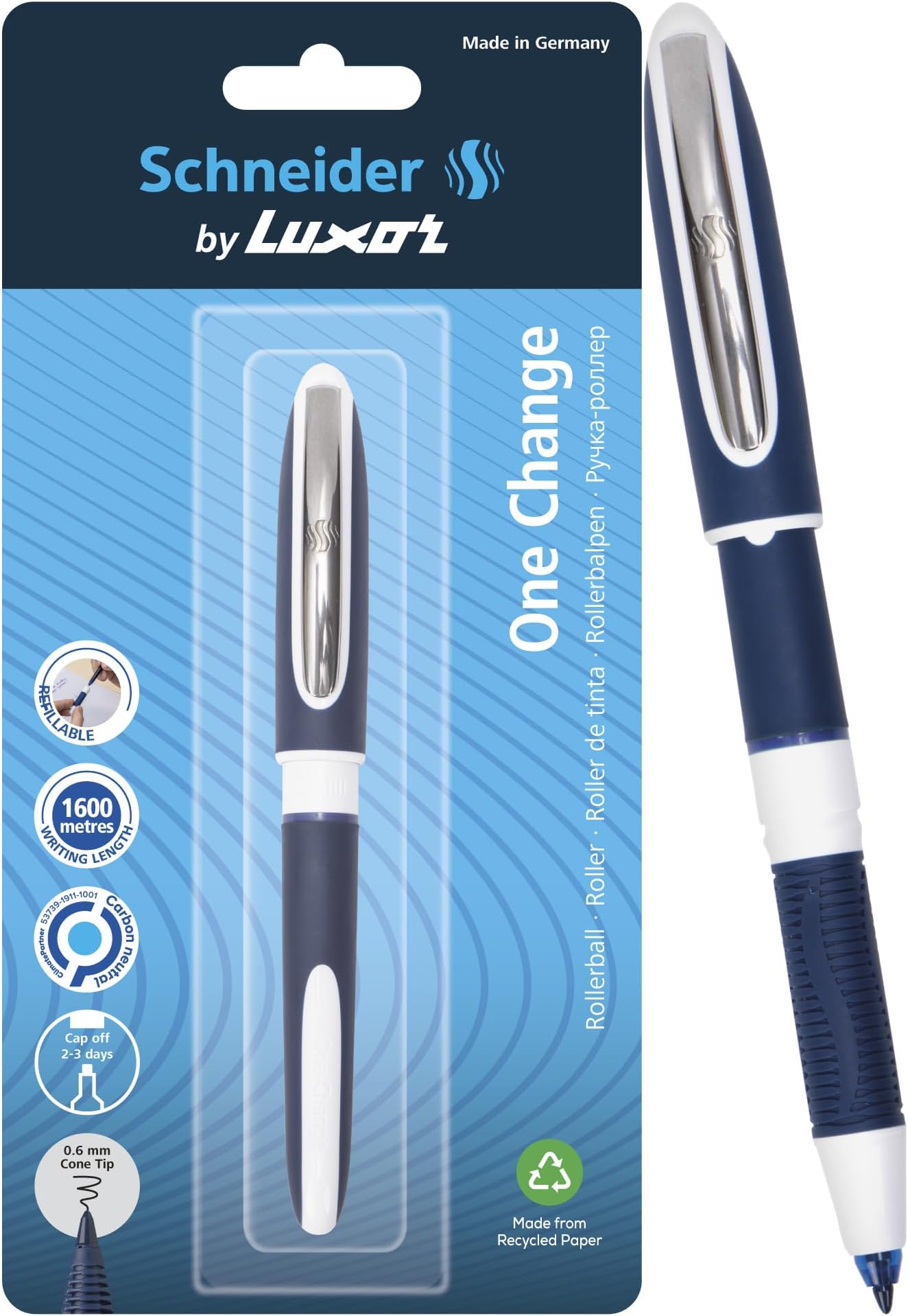 Schneider, One Change, Rollerball Pen, Pack of 1, Ink Colour- Blue, 0.6 mm Cone Tip, Refillable Waterproof Ink, 1600 Metres Writing Length, Ideal For Professionals