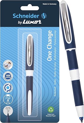 Luxor Schneider, One Change, Rollerball Pen, Pack of 1, Ink Colour- Blue, 0.6 mm Cone Tip, Refillable Waterproof Ink, 1600 Metres Writing Length, Ideal For Professionals