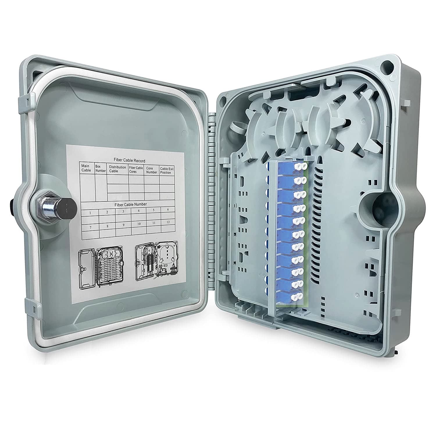 Fiber Optic Wall Mount or Pole Mount Enclosure for Indoor or Outdoor Fiber Optic Terminations and Fusion Splice installations with Couplers. (LC OS2 NO Pigtails)