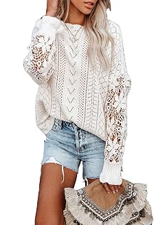 Dokotoo Womens Crewneck Crochet Lace Long Sleeve Hollow Out Cable Knit Sweaters Pullover Tops