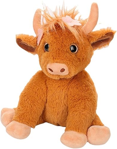 MkBrny Muñeco de peluche de vaca de las tierras altas de color marrón, vaca escocesa de las tierras altas, decoración de figura de peluche