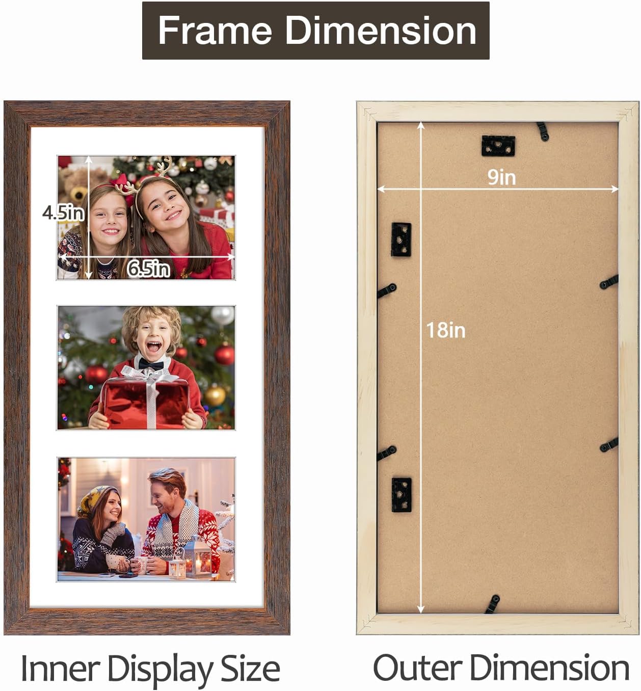 Golden State Art, 9x18 Distressed Brown Wood Frame - White Mat for Three 5x7 Pictures - Sawtooth Hangers- Swivel Tabs - Wall Mounting - Landscape/Portrait - Real Glass - Collage Frame, 1 Pack