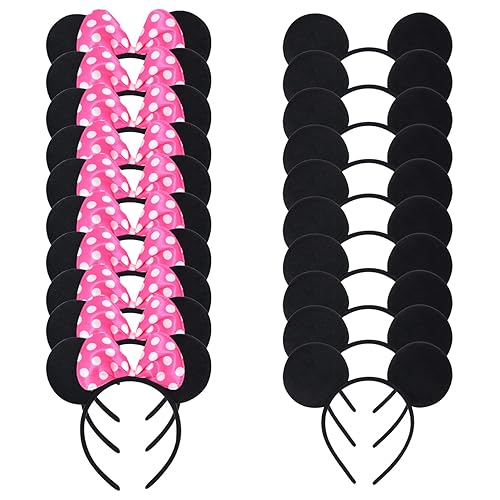 CrushJoy-US 20 piezas de orejas de Mickey y Minnie Mouse, color sólido negro y lazo rosado, diadema para niños y niñas (rosado y negro)