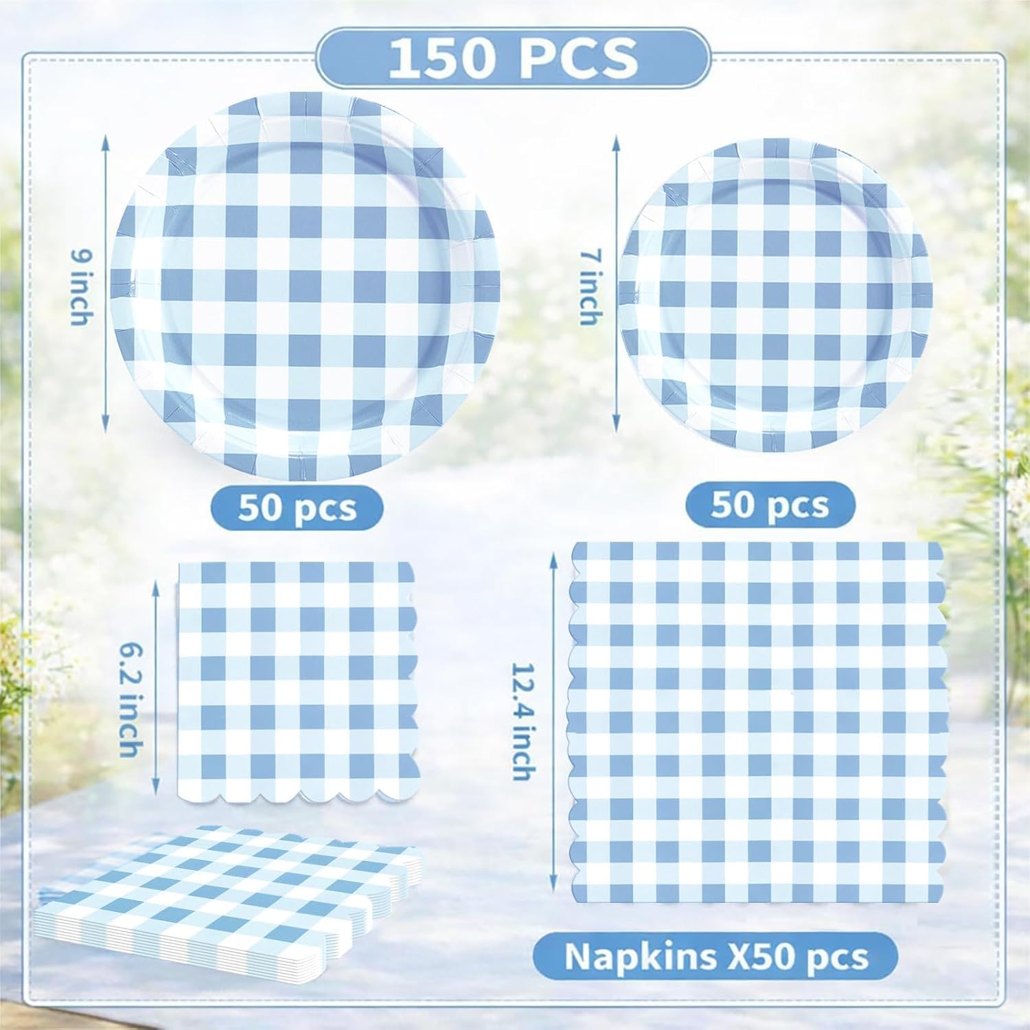 150PCS Blue Gingham Party Supplies – Baby Boy Shower Plates and Napkins Set for 50 Guests, Checkered Disposable Tableware Party Decorations for Birthday, Picnic & Family Gatherings