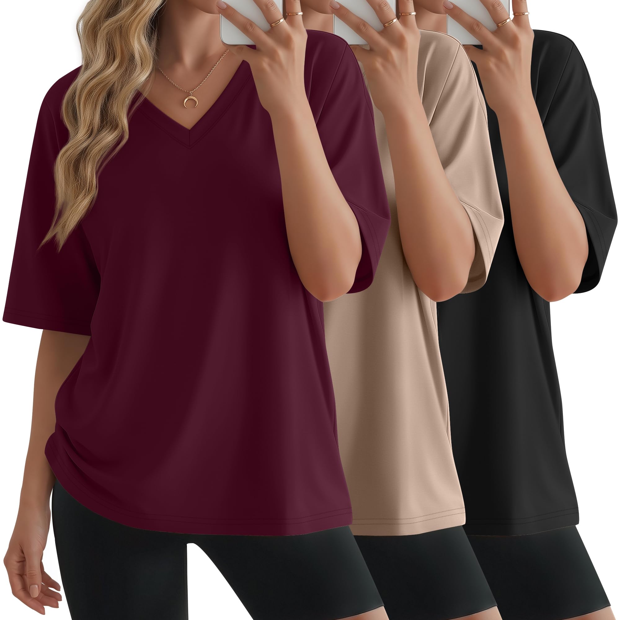 Geyoga Lot de 3 t-Shirts Oversize Femme à Manches Courtes et col V, Coupe Ample, Basiques et décontractés pour l'été