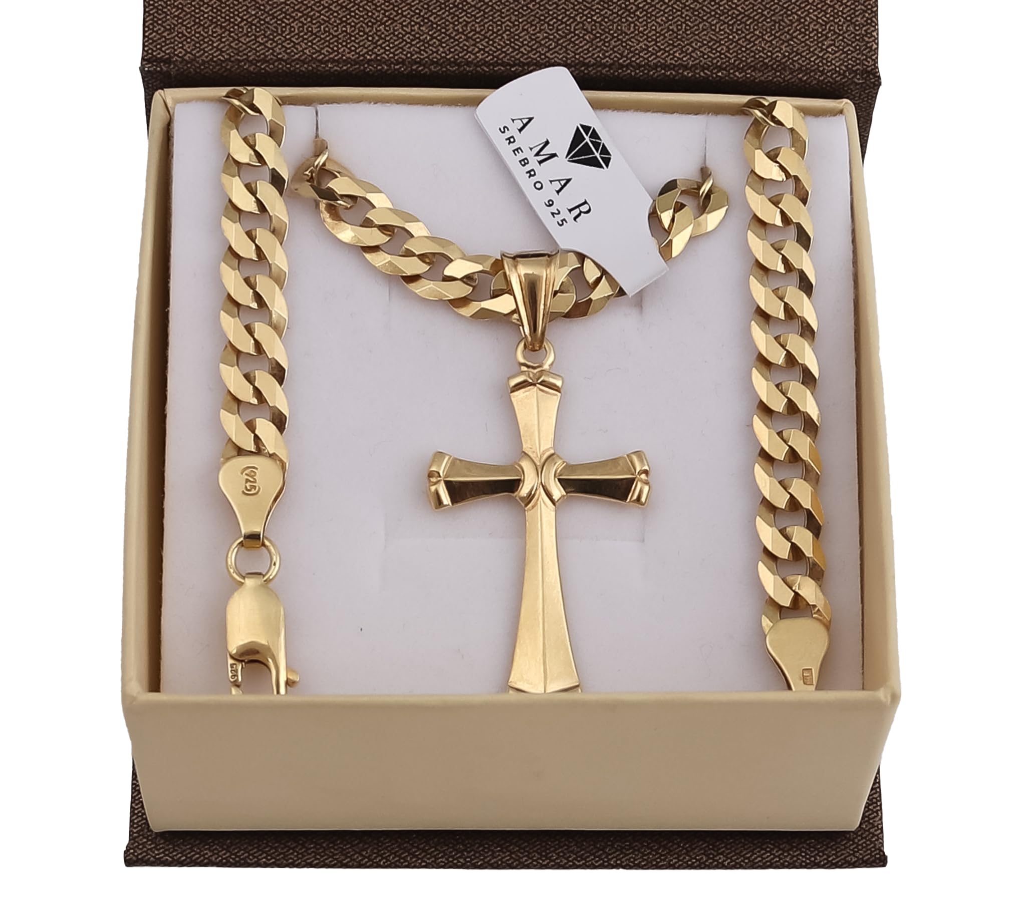 AMAR ZELYA Goldkette Herren 585, Kette vergoldet 925/585 - Königskette - Kreuz Kette - Goldkette Kreuzkette,Schmuck- Halskette Gold 6,5 mm Panzerung 60 cm