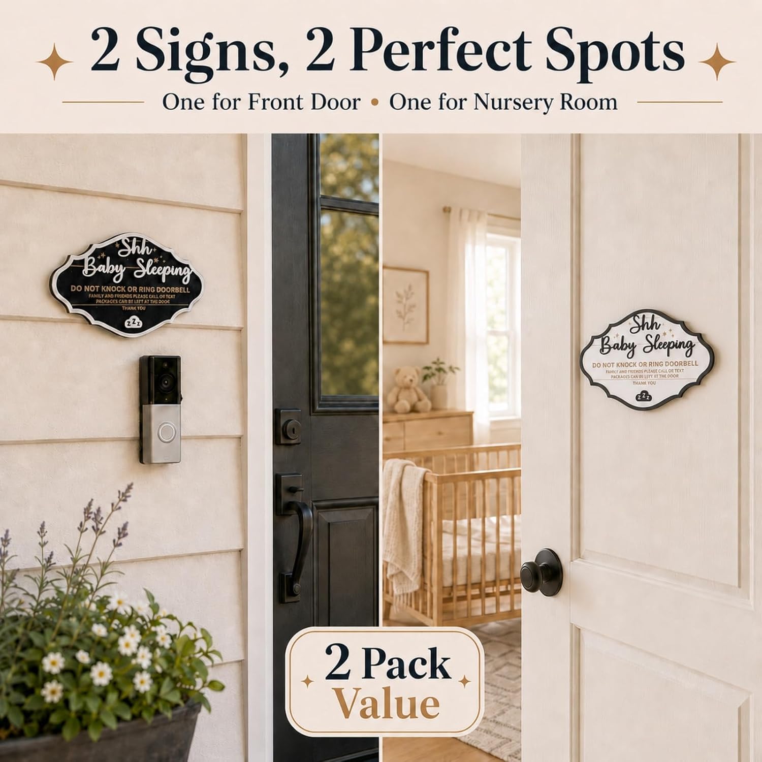 2 Pack Shh Baby Sleeping Sign for Front Door, 3D Wooden Do Not Knock or Ring Doorbell Sign, 8"×5" Quiet Please No Knocking Wall Decor for Nursery Porch Entryway Home Decorations, New Mom Gift