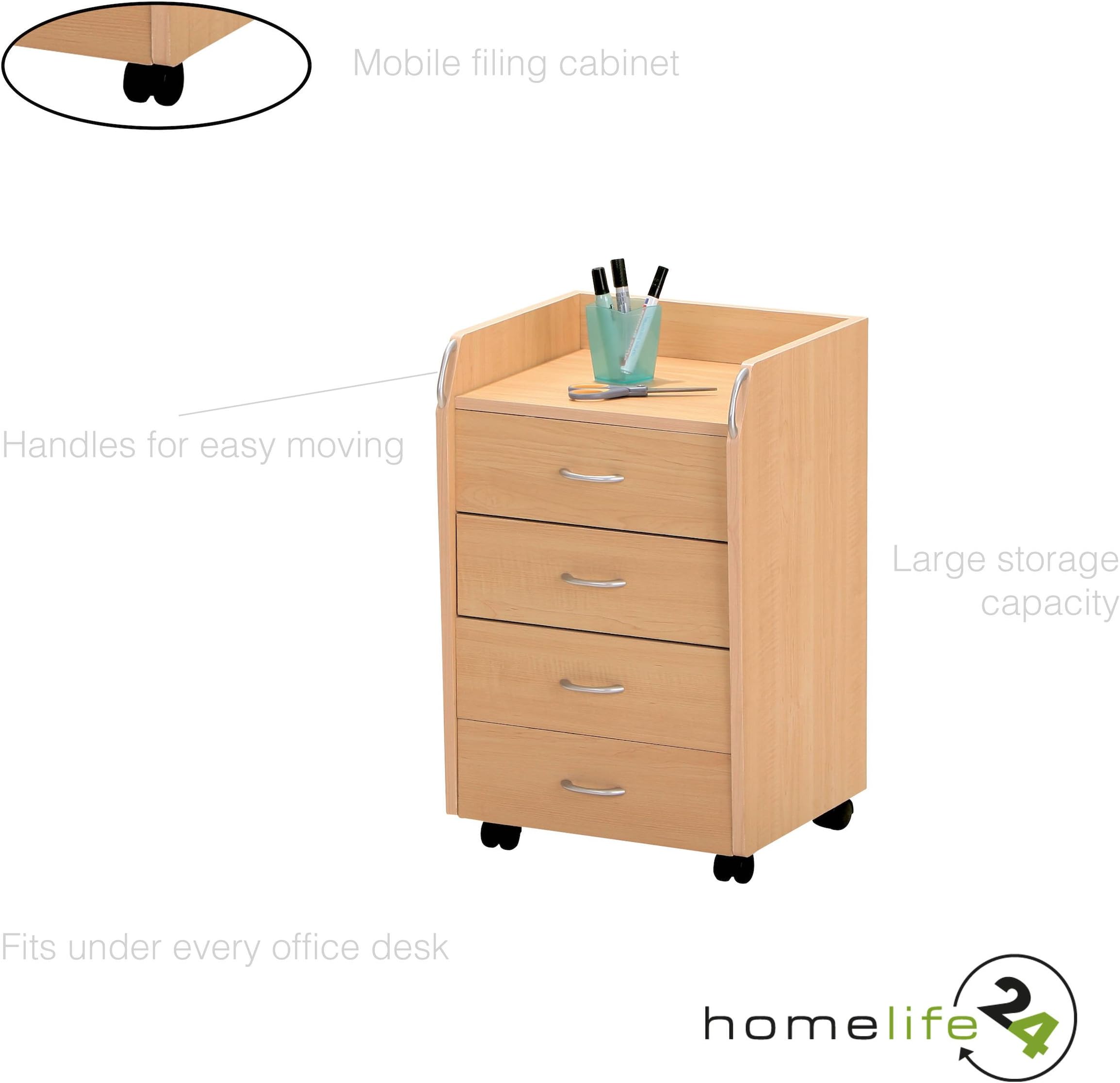 H24living Mobile Drawer desk, Filing Cabinet, on wheels, 4 drawers in maple finish