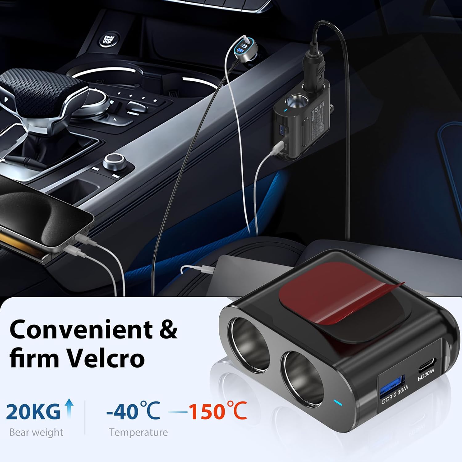 PD 65W Cigarette Lighter Splitter for Laptop: 200W USB C 12V Car Charger Socket Adapter, 12 Volt DC Plug Multi Way Auto Power Outlet with Dual Type C Port for MacBook/iPad/iPhone Samsung GPS Dash Cam