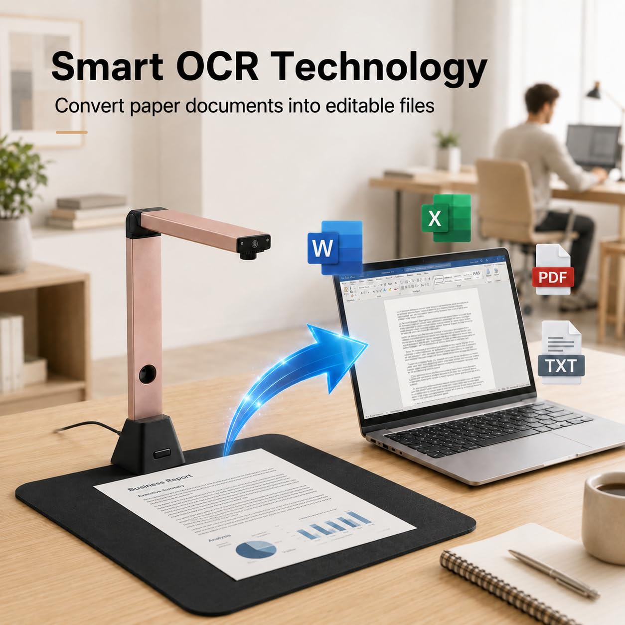Escáner de Documentos A3: Cámara USB de 18MP con OCR Recorte Automático Luz LED Ajustable PDF Word Excel para Oficina Facturas Contratos Clases y Archivo Doméstico Diario Actual