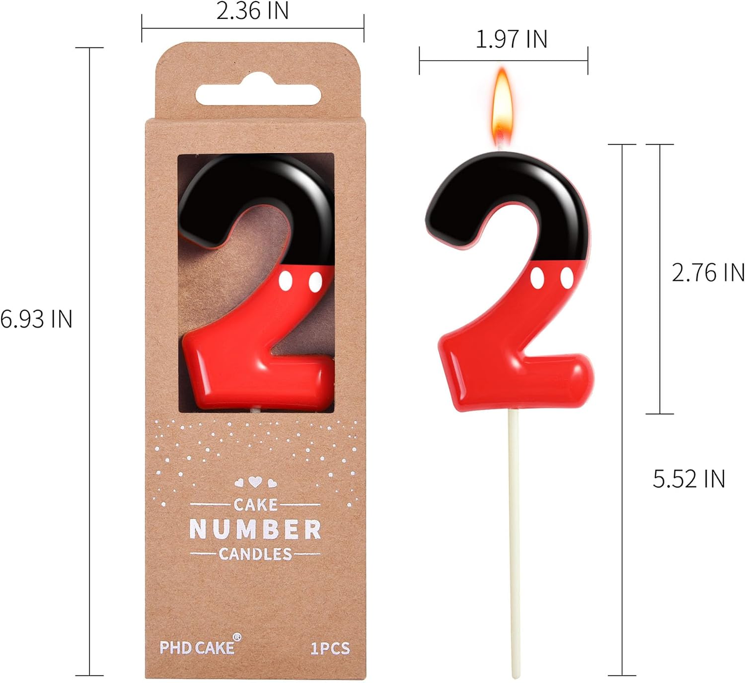 PHD CAKE 2.76 Inch Cartoon Red and Black 2 Number Birthday Candles, Red Mouse Cake Topper, Cake Number Candles, Party Celebration, Style Candle