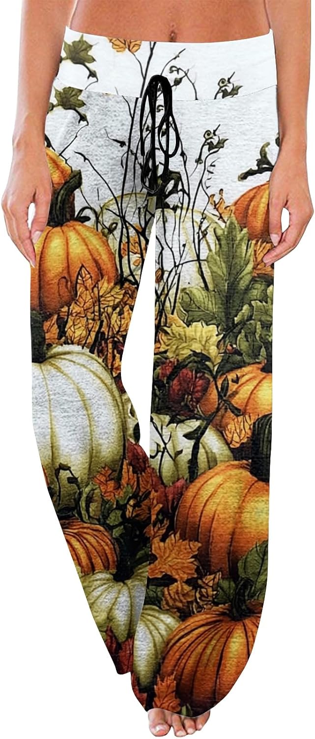 Ladies Wide Leg Pants Sleep Lounge Pajamas Spider Web Pumpkin Halloween Drawstring Pajama Elastic Waist Holiday