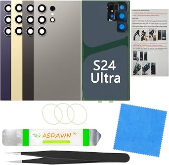 استبدال غطاء زجاجي للشاشة الخلفية الخلفية لهاتف Galaxy S24 Ultra بعدسة كاميرا مثبتة مسبقًا + أدوات لجميع حاملات Samsung Galaxy S24 Ultra 5G SM-S928 باللون الرمادي