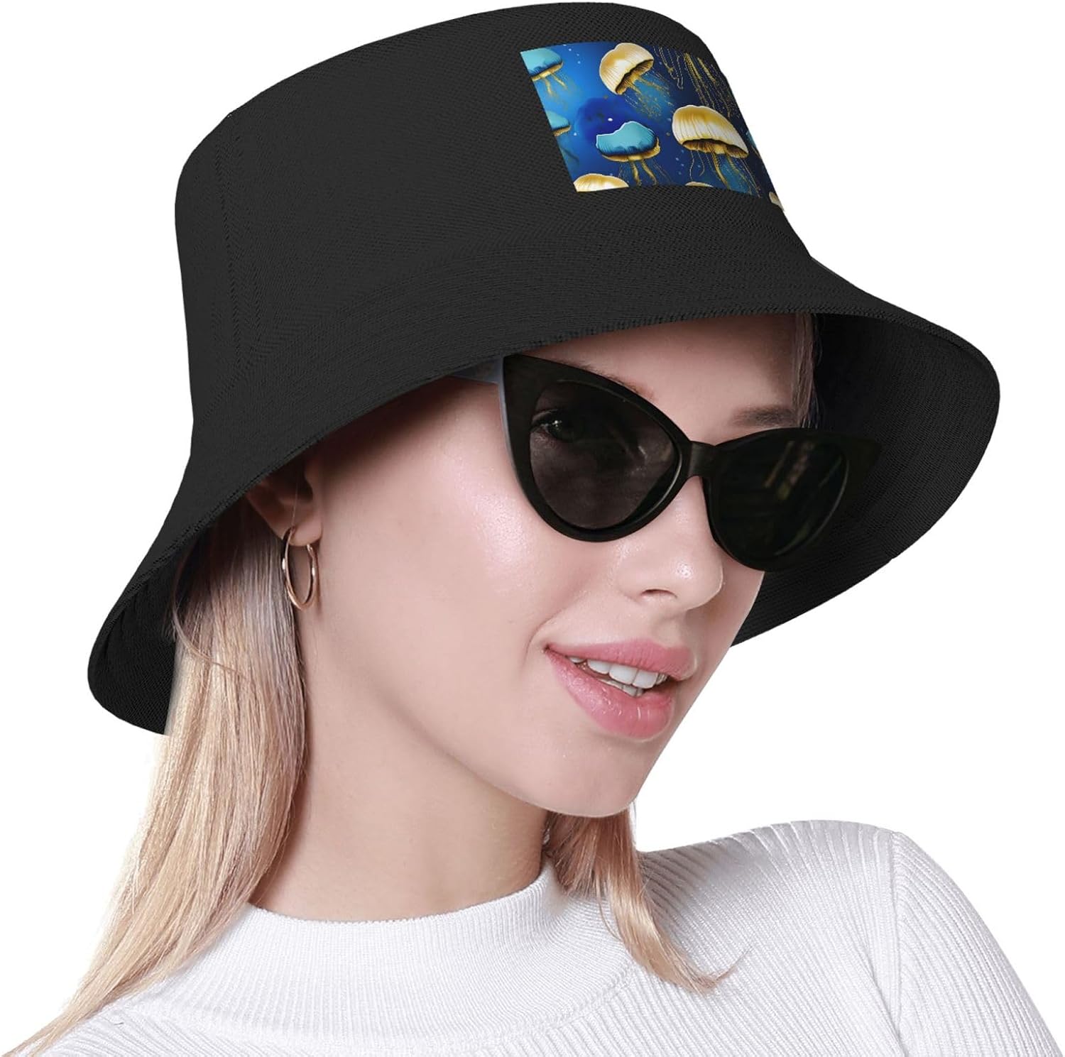 Blue and Gold Jellyfish Print Men Women Sun Hats for Wide Brim Uv Protection Fishing Hiking Outdoor Hats
