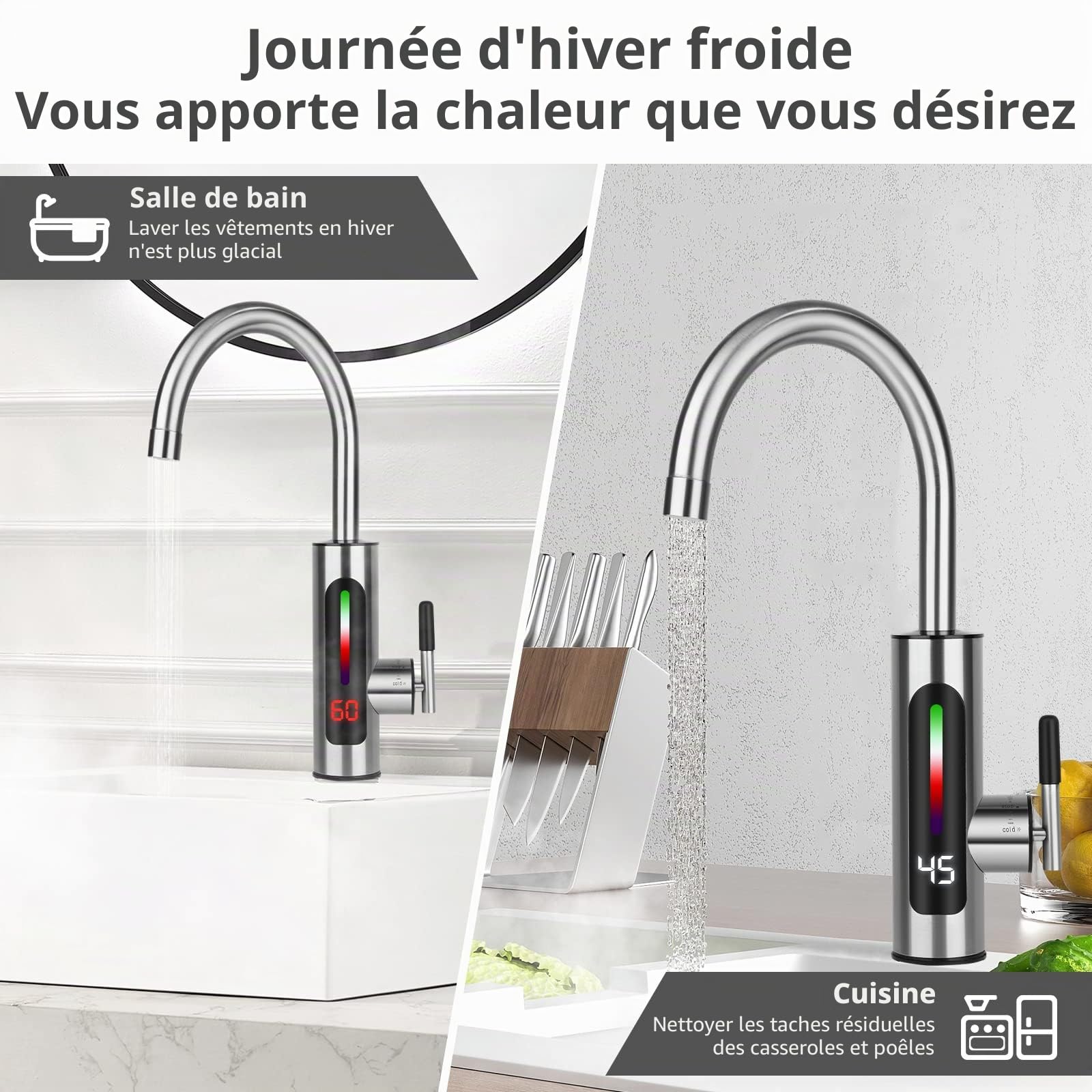 Robinet d'eau Chaude et Froide en Acier Inoxydable avec Affichage LED et Chauffe-eau Instantané, Rotatif à 360°
