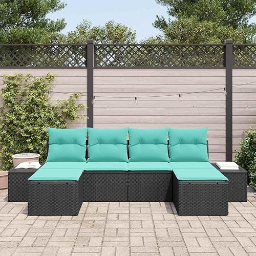 Miniatura 3 de 6-Seater Modular Patio Furniture Set in Black Poly Rattan with Outdoor Cushions Adjustable Feet Modern Outdoor Seating for Garden Deck Backyard