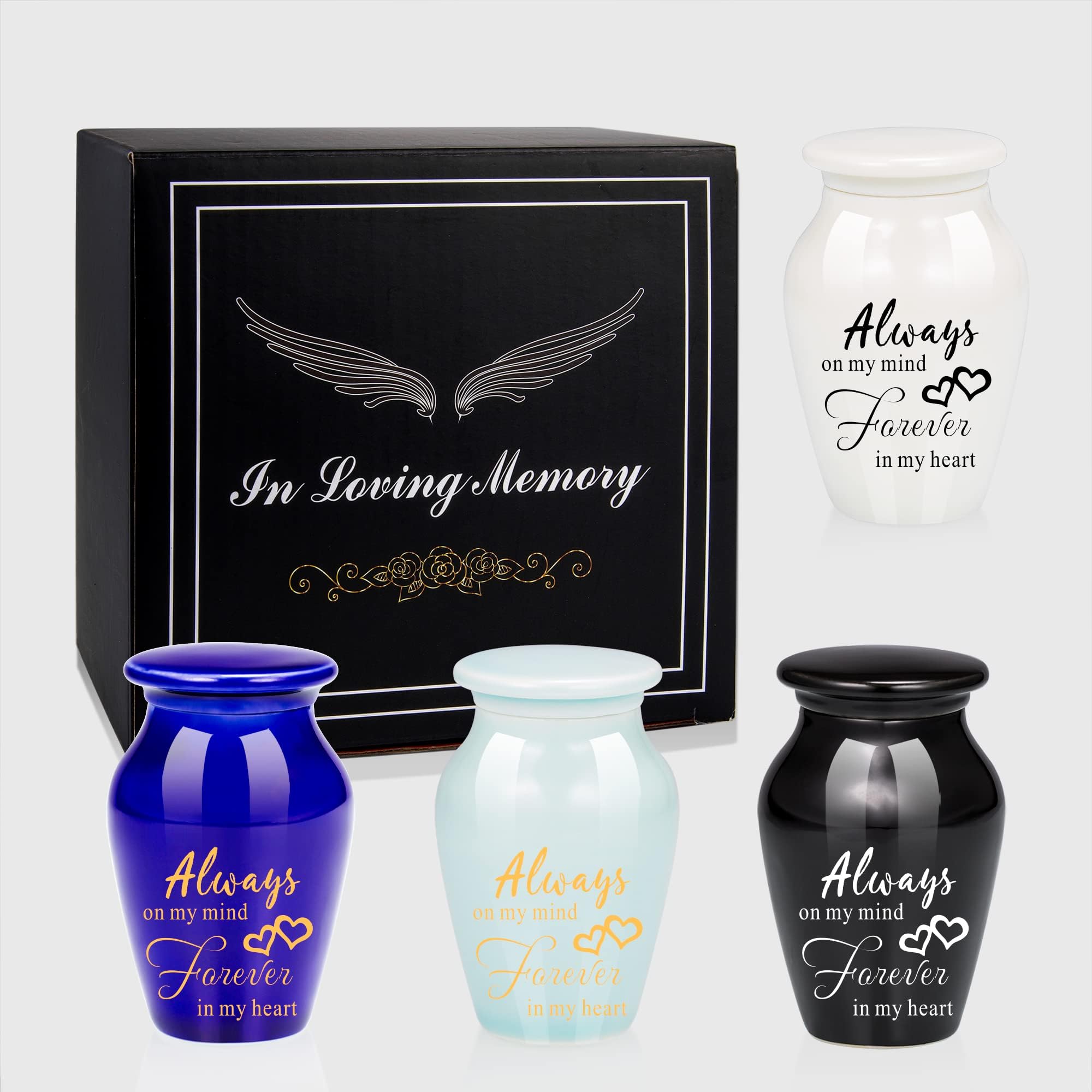 4pcs Small Urns for Human Ashes Always On My Mind Forever in My Heart Cremation Urns for Ashes Memorial Keepsake Urns-Premium Box & Spoon Included Sharing Funeral Urn