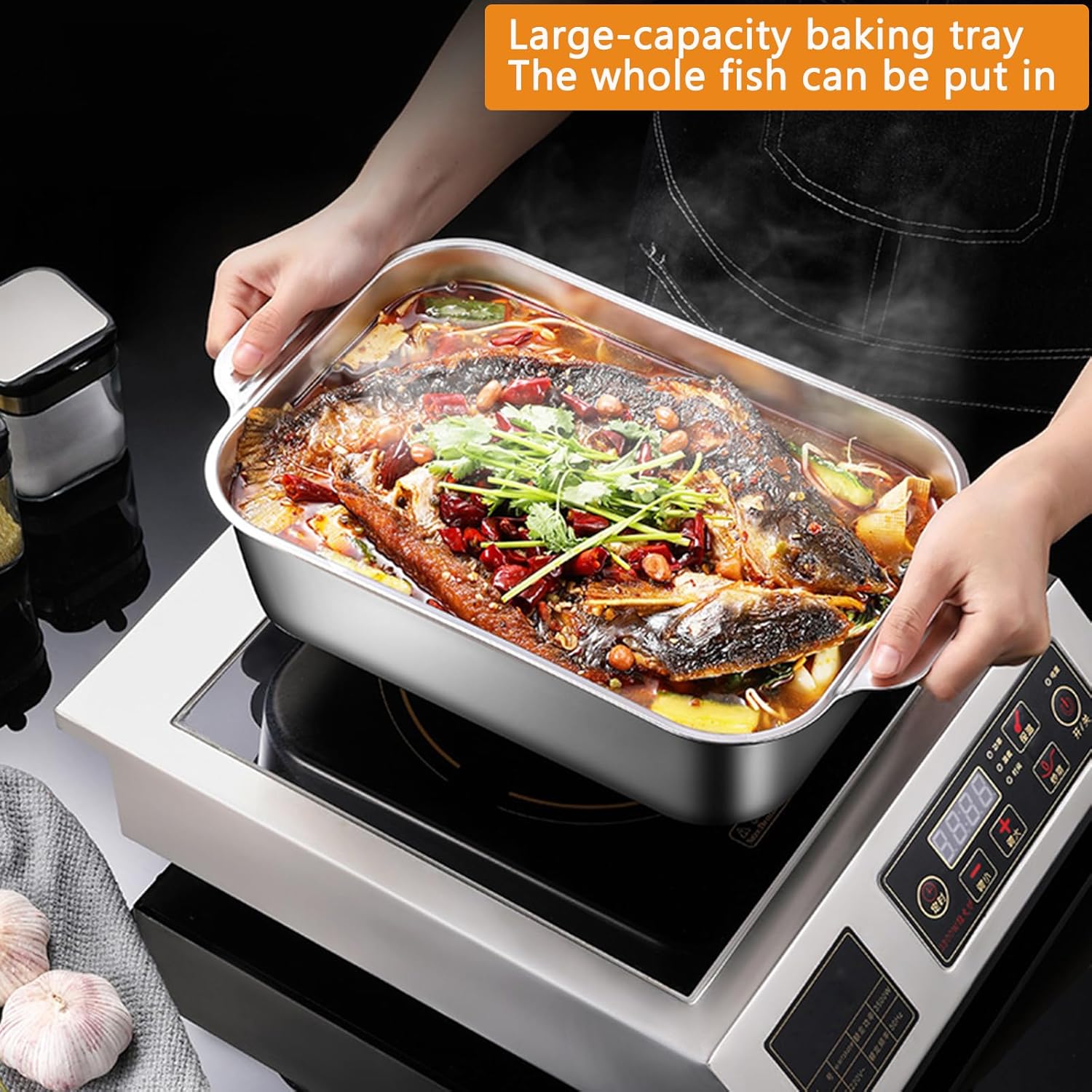 Stainless Steel Rectangular Deep Roasting/Roaster Pan with Handles - 5 Sizes Lasagna Casserole Fish Baking Tray Food Dish Cookie Cake Platter Serving Plate for Cooking Turkey Beef (45cm,Shallow)
